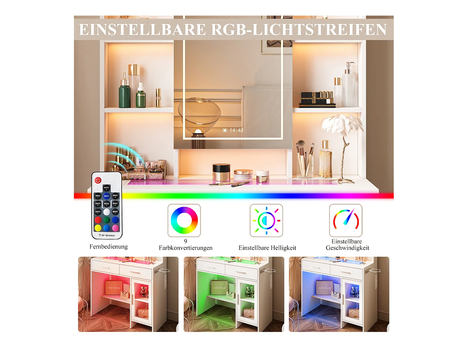 Coiffeuse avec Miroir LED, 3 Couleurs avec Luminosité Réglable, Bureau Coiffeuse Blanche avec Rangement, Etagères Ouvertes et Tiroirs, Prise Électrique