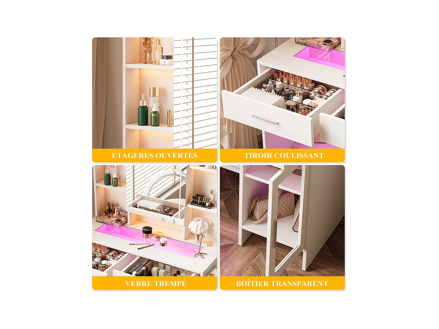 Coiffeuse avec Miroir LED, 3 Couleurs avec Luminosité Réglable, Bureau Coiffeuse Blanche avec Rangement, Etagères Ouvertes et Tiroirs, Prise Électrique