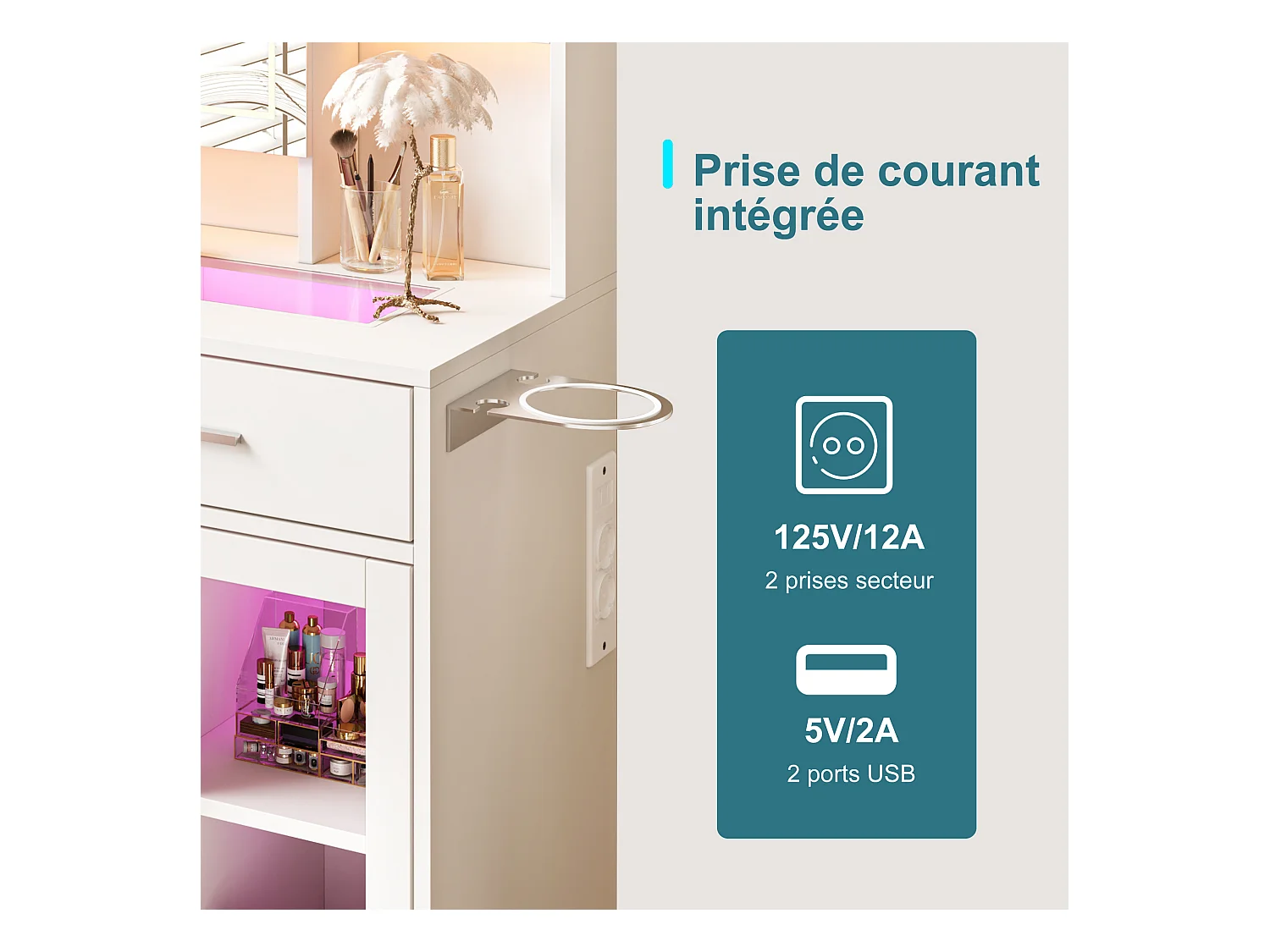 Coiffeuse avec Miroir LED, 3 Couleurs avec Luminosité Réglable, Bureau Coiffeuse Blanche avec Rangement, Etagères Ouvertes et Tiroirs, Prise Électrique