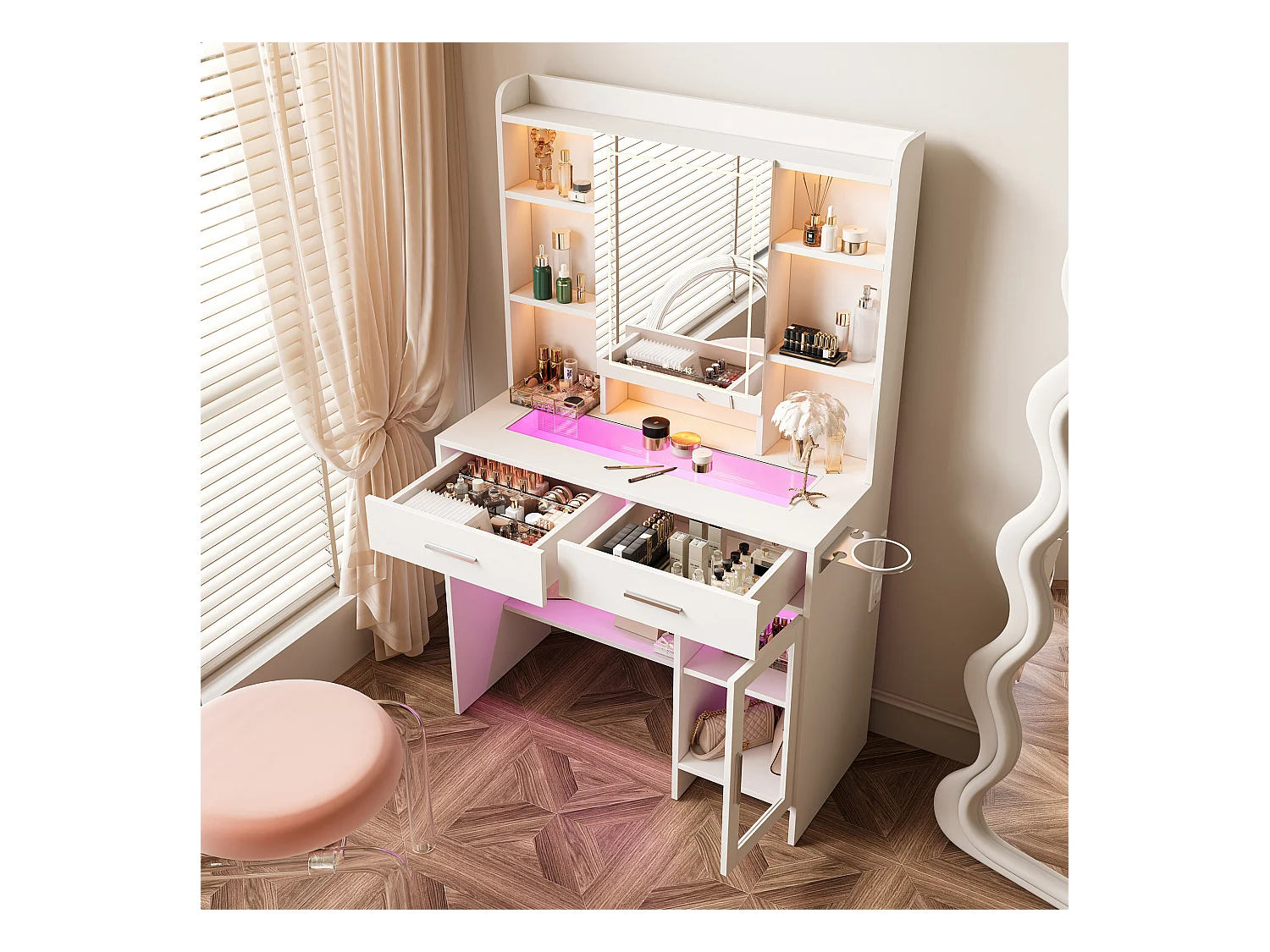 Coiffeuse avec Miroir LED, 3 Couleurs avec Luminosité Réglable, Bureau Coiffeuse Blanche avec Rangement, Etagères Ouvertes et Tiroirs, Prise Électrique