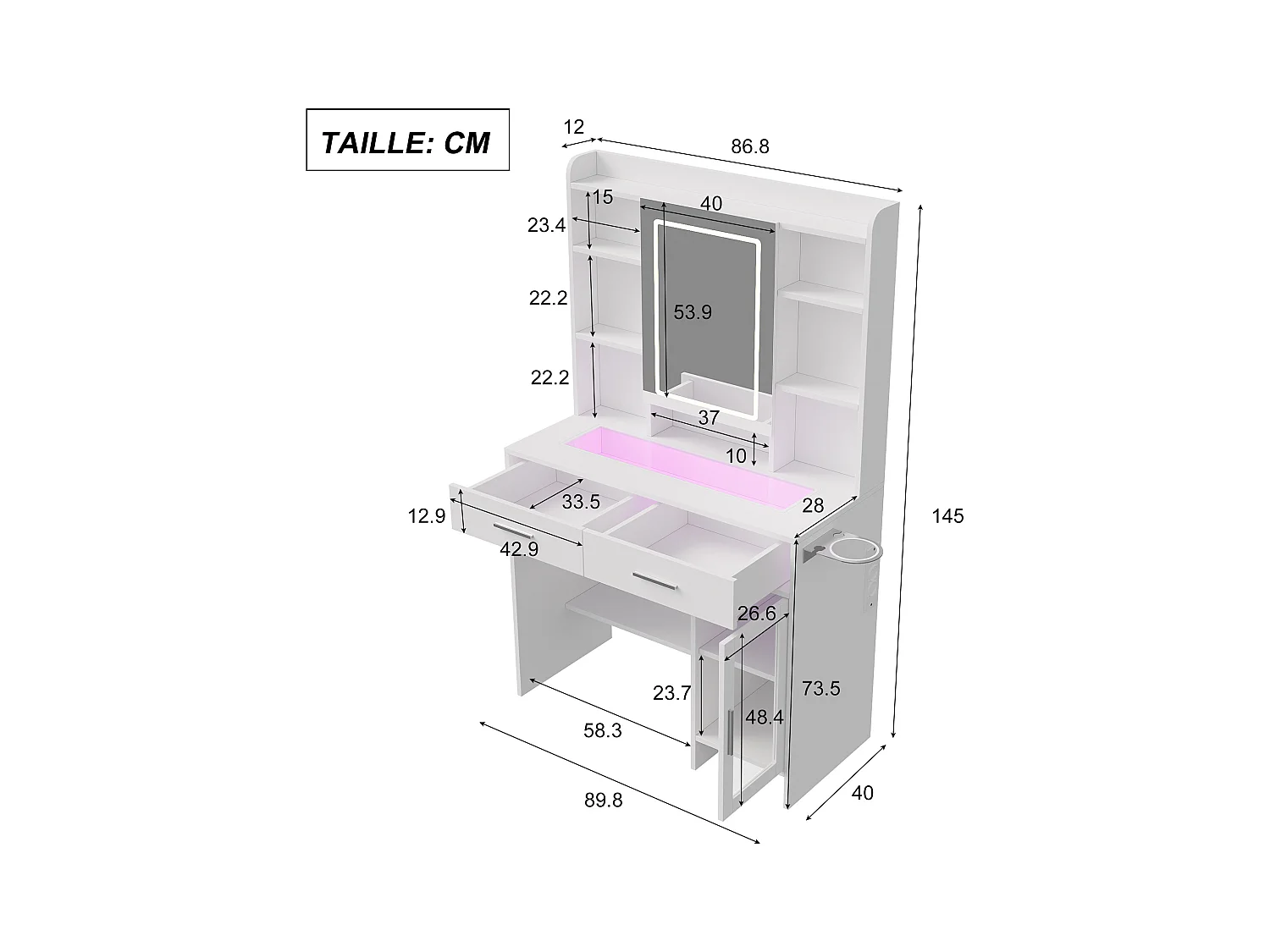 Coiffeuse avec Miroir LED, 3 Couleurs avec Luminosité Réglable, Bureau Coiffeuse Blanche avec Rangement, Etagères Ouvertes et Tiroirs, Prise Électrique