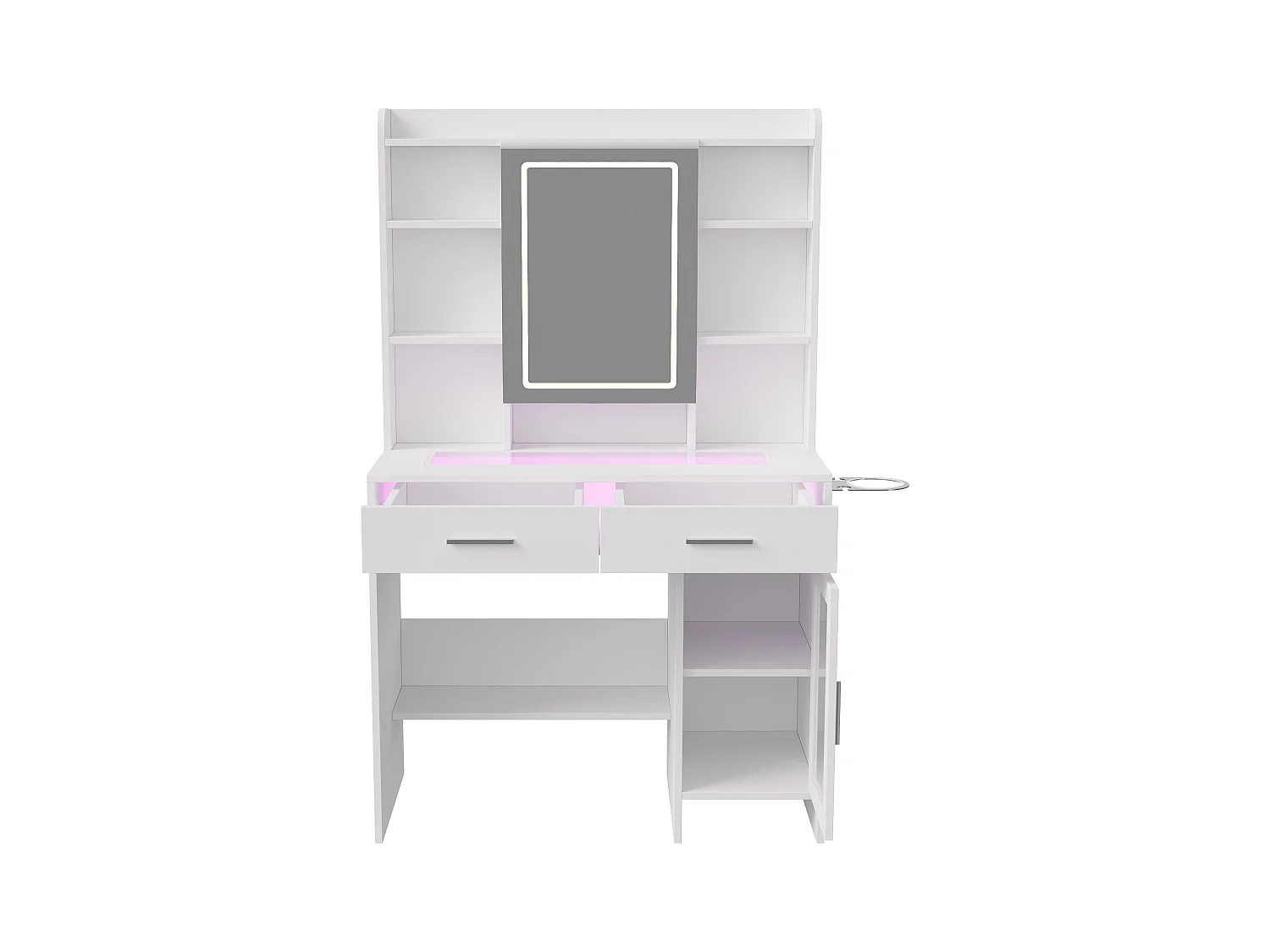 Coiffeuse avec Miroir LED, 3 Couleurs avec Luminosité Réglable, Bureau Coiffeuse Blanche avec Rangement, Etagères Ouvertes et Tiroirs, Prise Électrique