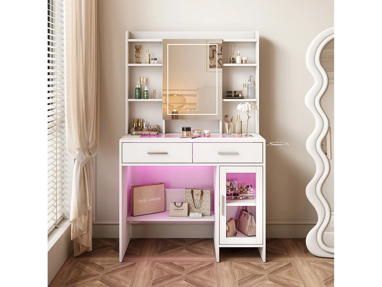 Coiffeuse - Miroir LED - Etagères Ouvertes et 2 tiroirs,1 porte - 3 Couleurs avec Luminosité Réglable - Blanc - Prise Électrique - support pour sèche-cheveux