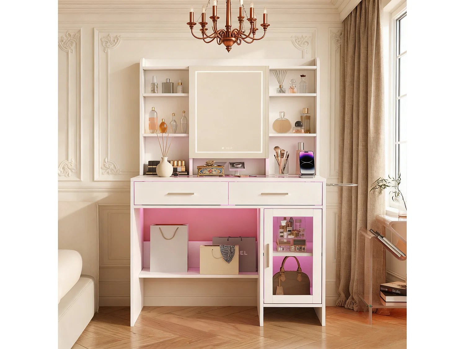 Coiffeuse - Miroir LED - Etagères Ouvertes et 2 tiroirs,1 porte - 3 Couleurs avec Luminosité Réglable - Blanc - Prise Électrique - support pour sèche-cheveux