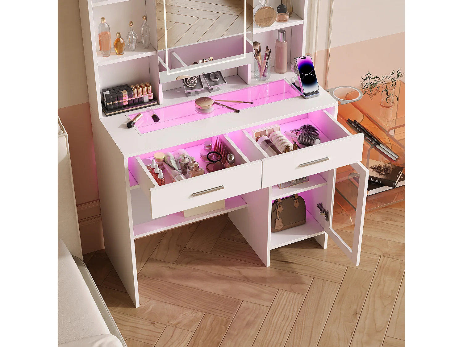 Coiffeuse - Miroir LED - Etagères Ouvertes et 2 tiroirs,1 porte - 3 Couleurs avec Luminosité Réglable - Blanc - Prise Électrique - support pour sèche-cheveux