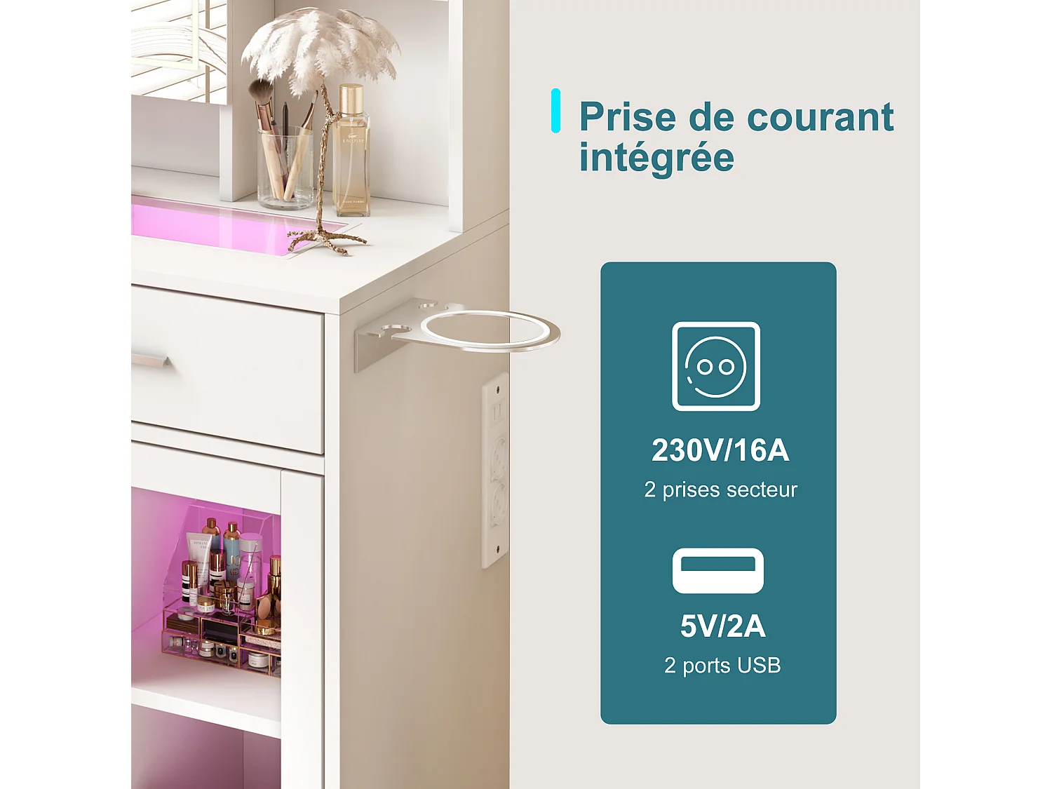 Coiffeuse - Miroir LED - Etagères Ouvertes et 2 tiroirs,1 porte - 3 Couleurs avec Luminosité Réglable - Blanc - Prise Électrique - support pour sèche-cheveux