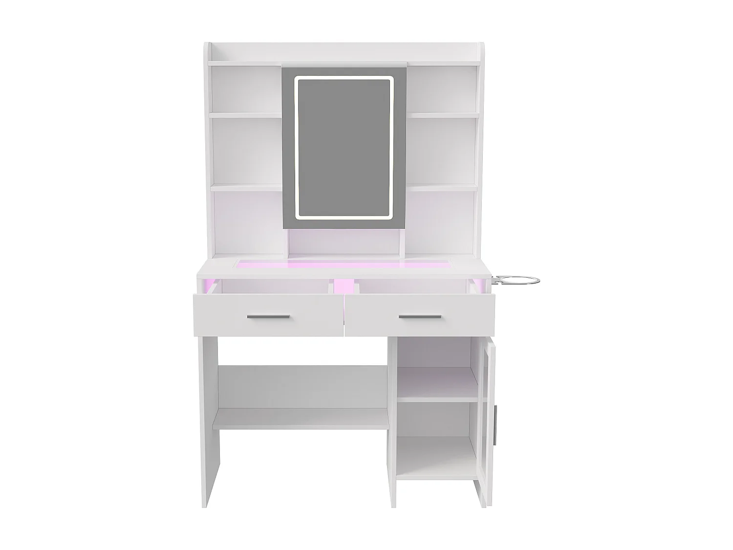 Coiffeuse - Miroir LED - Etagères Ouvertes et 2 tiroirs,1 porte - 3 Couleurs avec Luminosité Réglable - Blanc - Prise Électrique - support pour sèche-cheveux