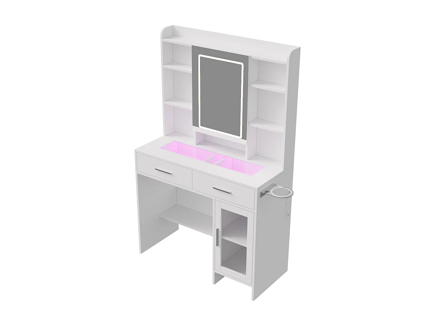 Coiffeuse - Miroir LED - Etagères Ouvertes et 2 tiroirs,1 porte - 3 Couleurs avec Luminosité Réglable - Blanc - Prise Électrique - support pour sèche-cheveux