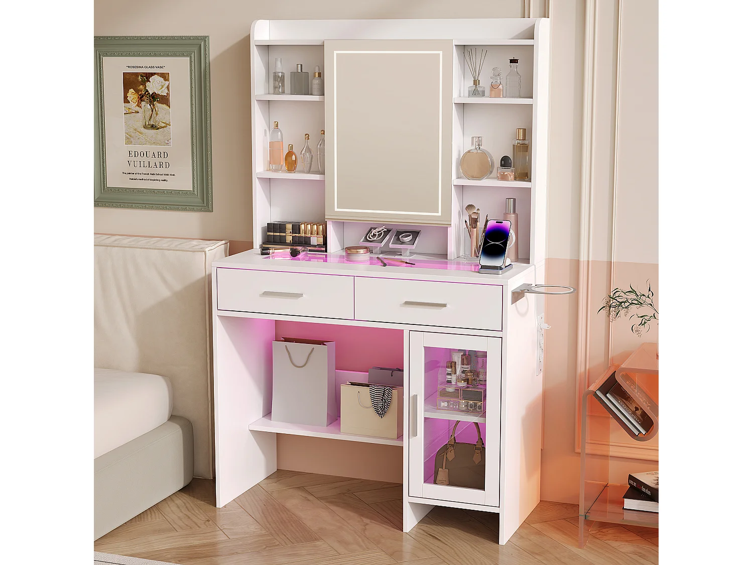 Coiffeuse - Miroir LED - Etagères Ouvertes et 2 tiroirs,1 porte - 3 Couleurs avec Luminosité Réglable - Blanc - Prise Électrique - support pour sèche-cheveux