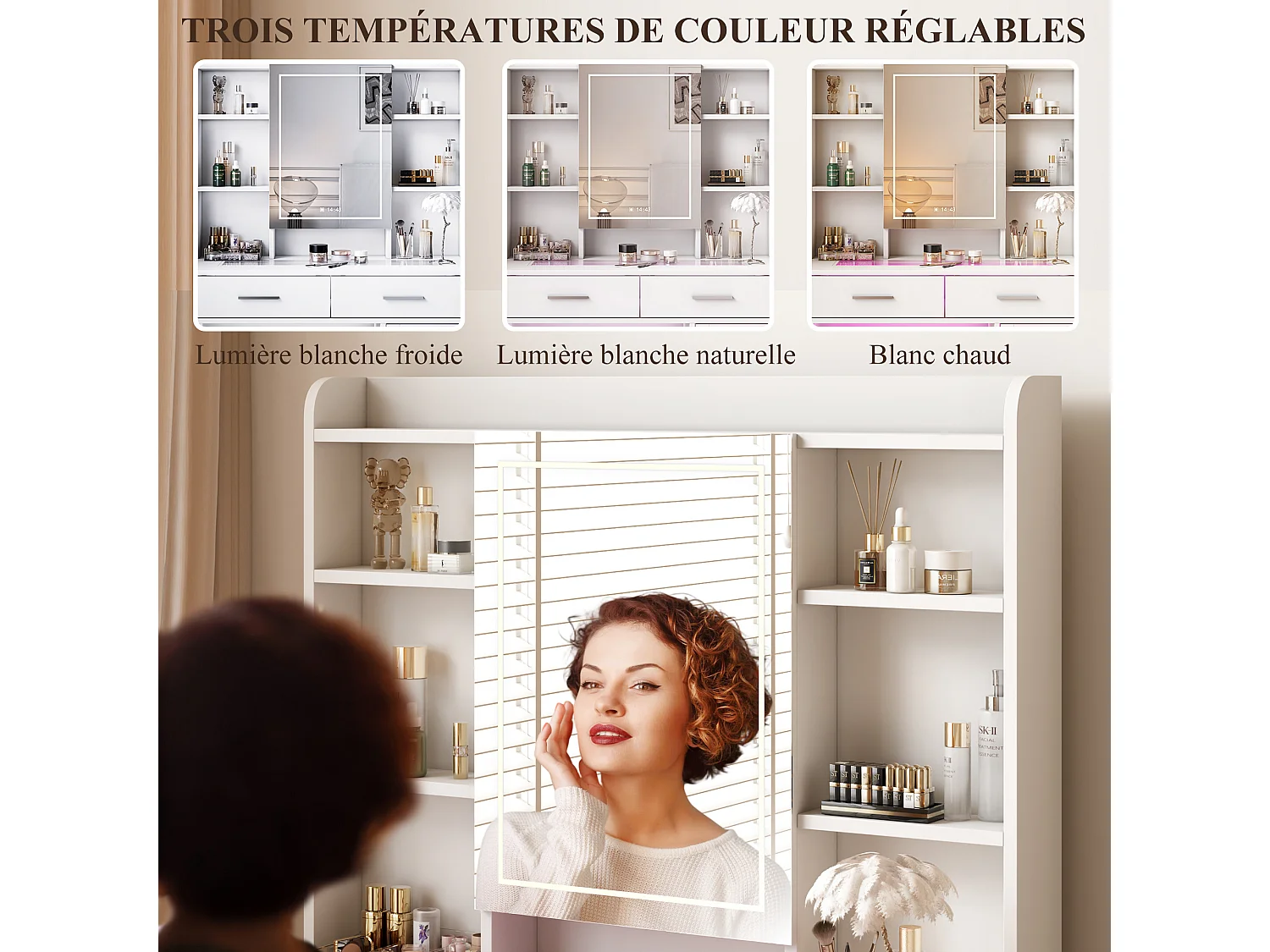Coiffeuse - Miroir LED - Etagères Ouvertes et 2 tiroirs,1 porte - 3 Couleurs avec Luminosité Réglable - Blanc - Prise Électrique - support pour sèche-cheveux