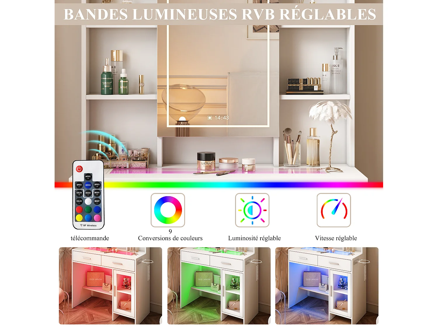 Coiffeuse - Miroir LED - Etagères Ouvertes et 2 tiroirs,1 porte - 3 Couleurs avec Luminosité Réglable - Blanc - Prise Électrique - support pour sèche-cheveux