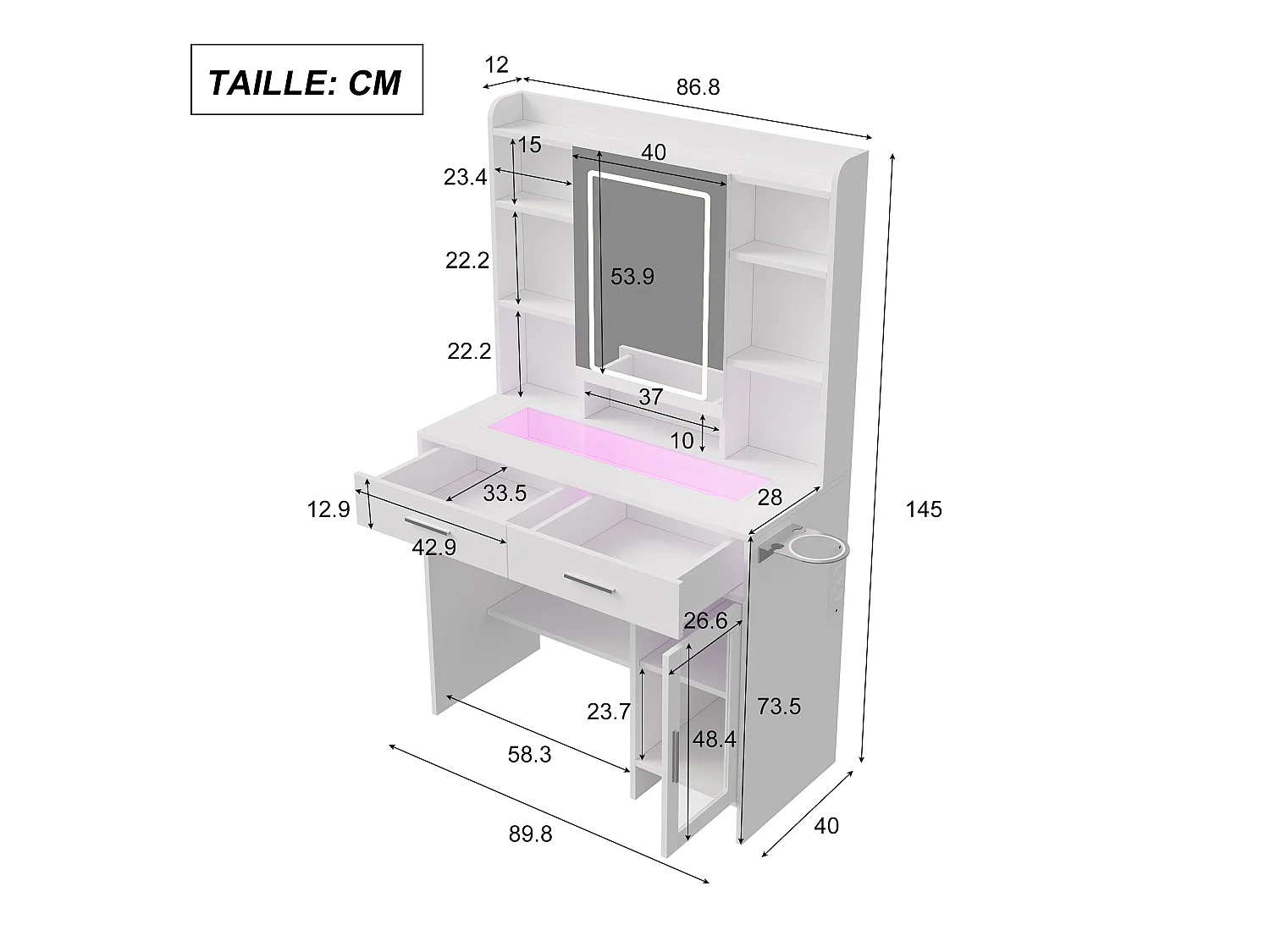 Coiffeuse - Miroir LED - Etagères Ouvertes et 2 tiroirs,1 porte - 3 Couleurs avec Luminosité Réglable - Blanc - Prise Électrique - support pour sèche-cheveux