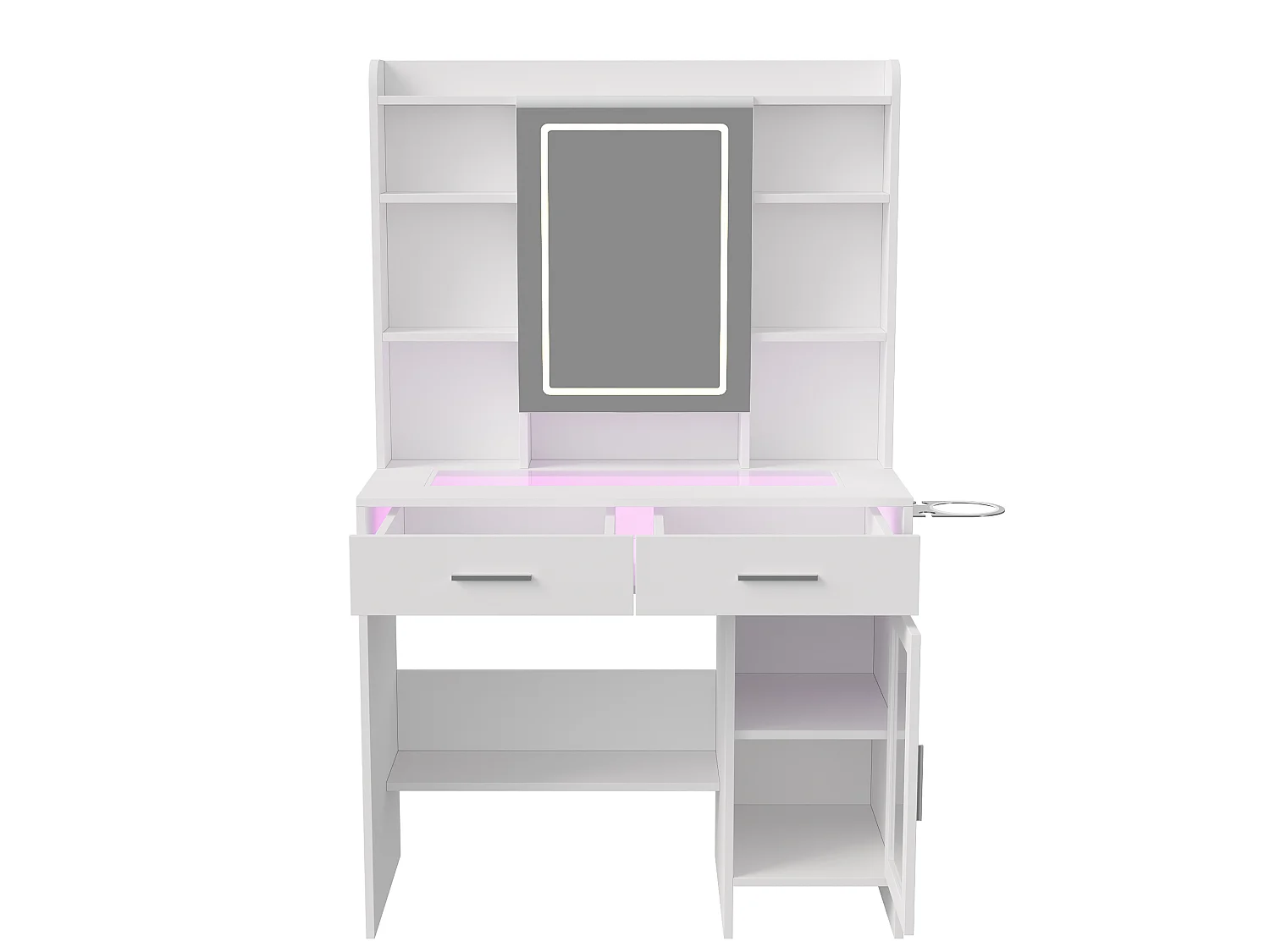 Coiffeuse - Miroir LED - Etagères Ouvertes et 2 tiroirs,1 porte - 3 Couleurs avec Luminosité Réglable - Blanc - Prise Électrique - support pour sèche-cheveux