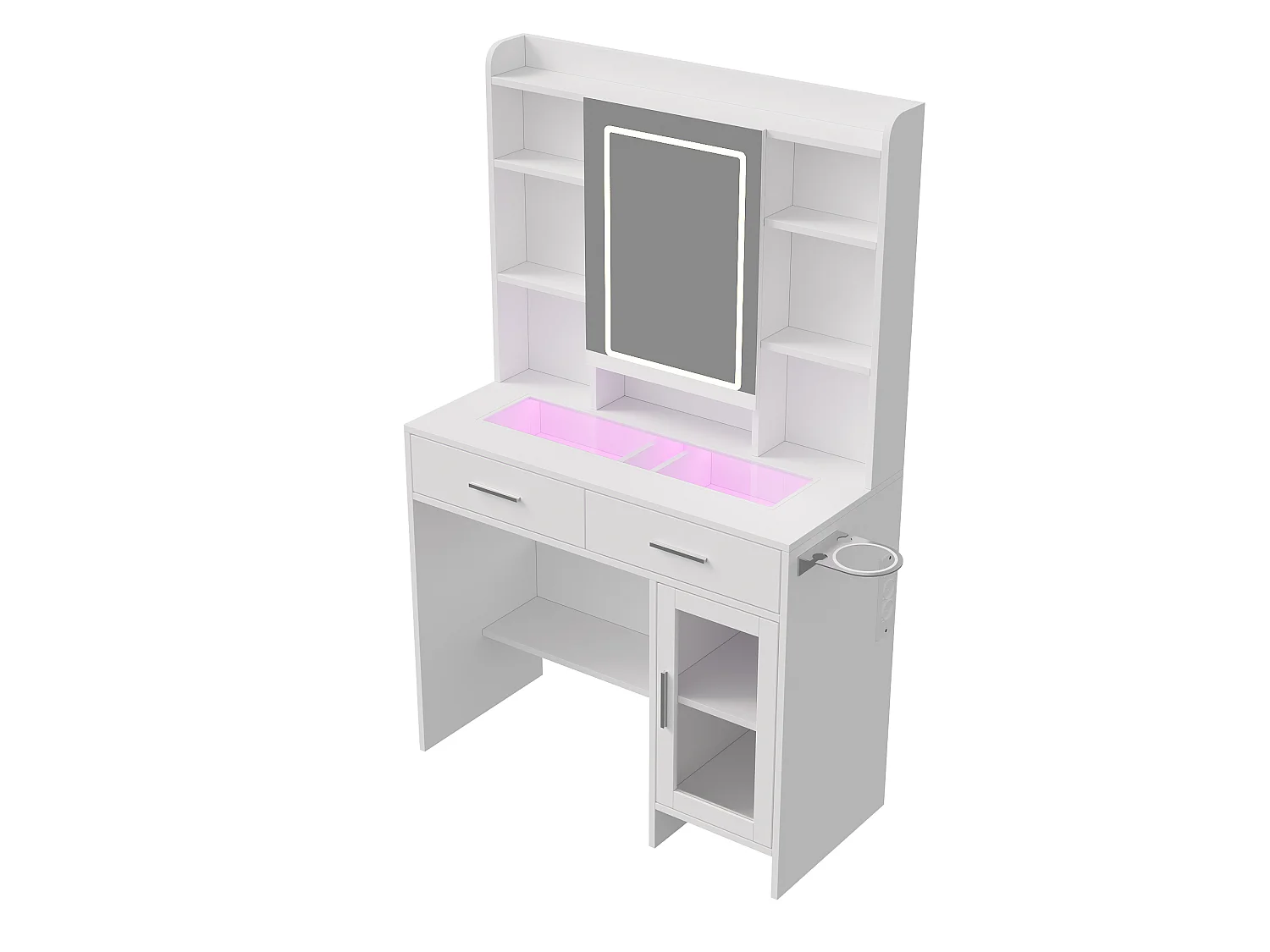 Coiffeuse - Miroir LED - Etagères Ouvertes et 2 tiroirs,1 porte - 3 Couleurs avec Luminosité Réglable - Blanc - Prise Électrique - support pour sèche-cheveux