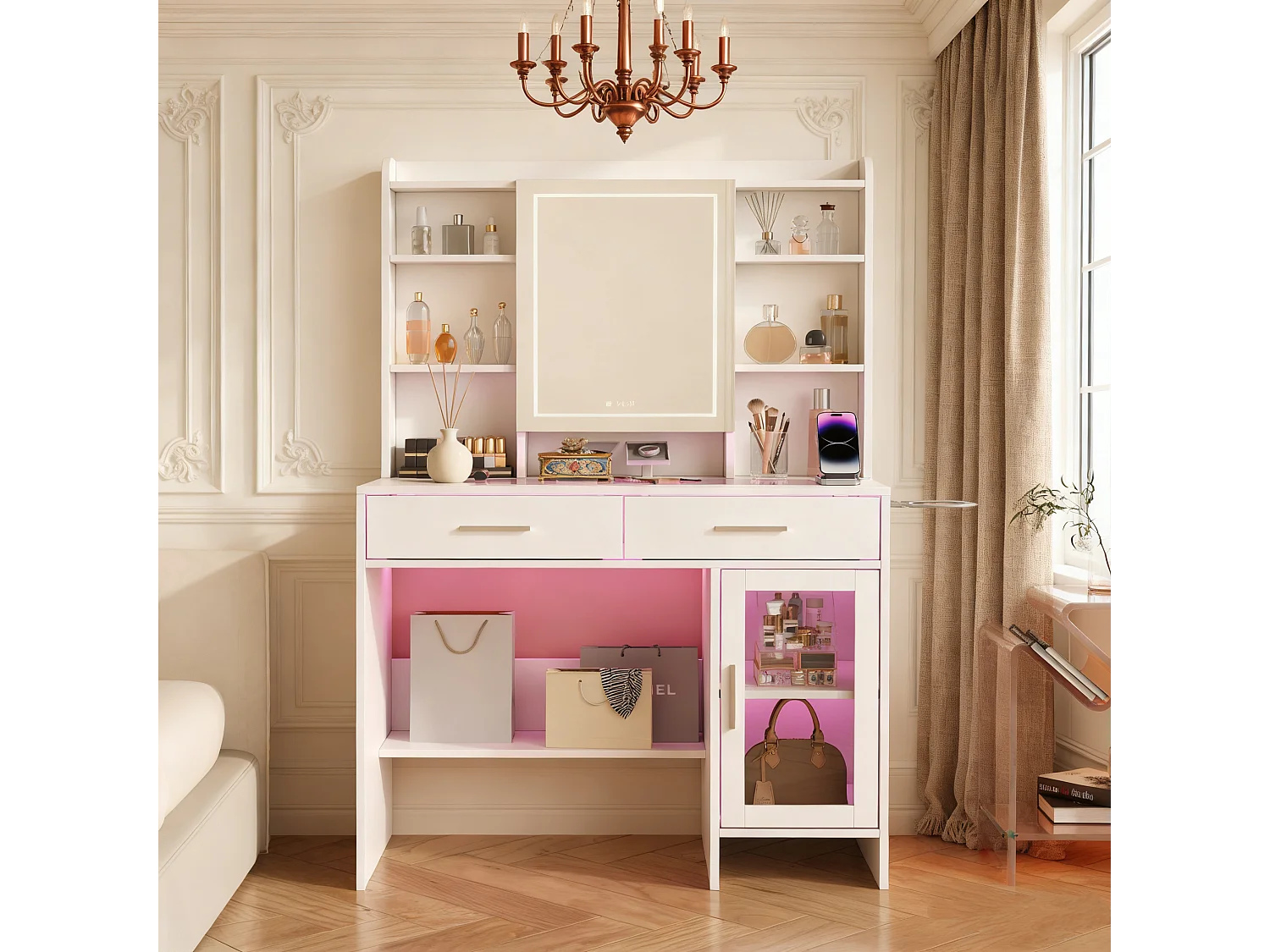 Coiffeuse - Miroir LED - Etagères Ouvertes et 2 tiroirs,1 porte - 3 Couleurs avec Luminosité Réglable - Blanc - Prise Électrique - support pour sèche-cheveux