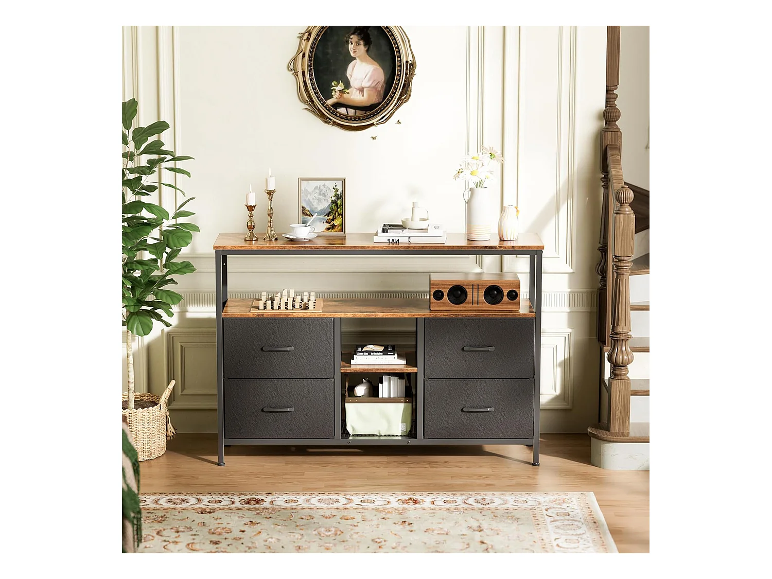 Commode Chambre  avec LED& 3 Tiroirs, Armoire à tiroirs multifonctionnelle pour Chambre et Salon - Buffet Stable et résistant, 137 * 30 * 78 cm, Vintage et Noir