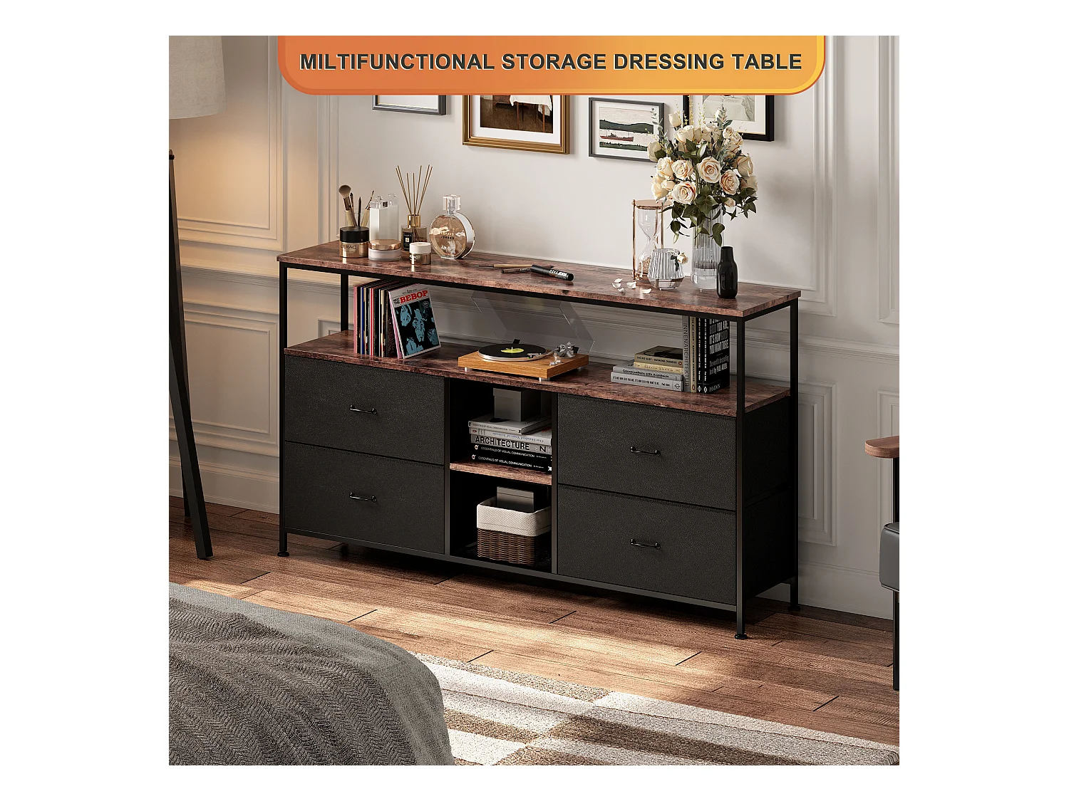 Commode Chambre  avec LED& 3 Tiroirs, Armoire à tiroirs multifonctionnelle pour Chambre et Salon - Buffet Stable et résistant, 137 * 30 * 78 cm, Vintage et Noir