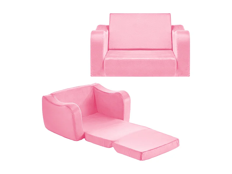 Kinder Sofa SucceBuy 2-in-1 Umbaubar in Liege, Klappbares und Weiches Schlafsofa, mit Armlehnen, aus 28D Schwamm und Kurzem Flor, Rosa, M