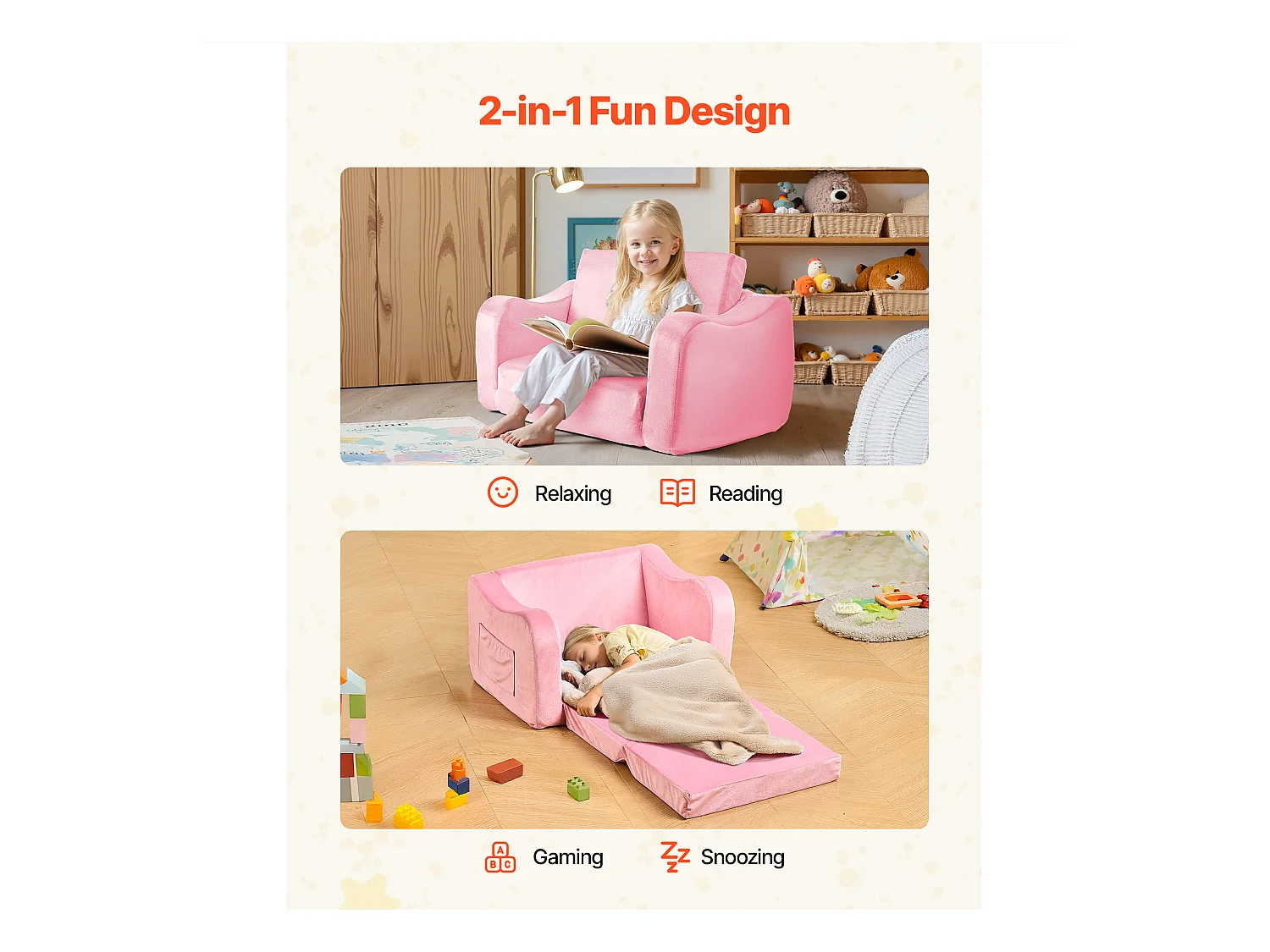 Kinder Sofa SucceBuy 2-in-1 Umbaubar in Liege, Klappbares und Weiches Schlafsofa, mit Armlehnen, aus 28D Schwamm und Kurzem Flor, Rosa, M