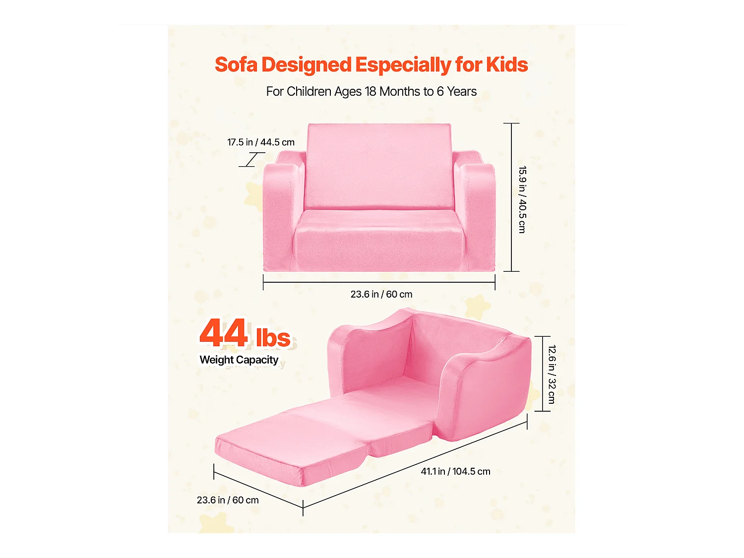 Kinder Sofa SucceBuy 2-in-1 Umbaubar in Liege, Klappbares und Weiches Schlafsofa, mit Armlehnen, aus 28D Schwamm und Kurzem Flor, Rosa, M