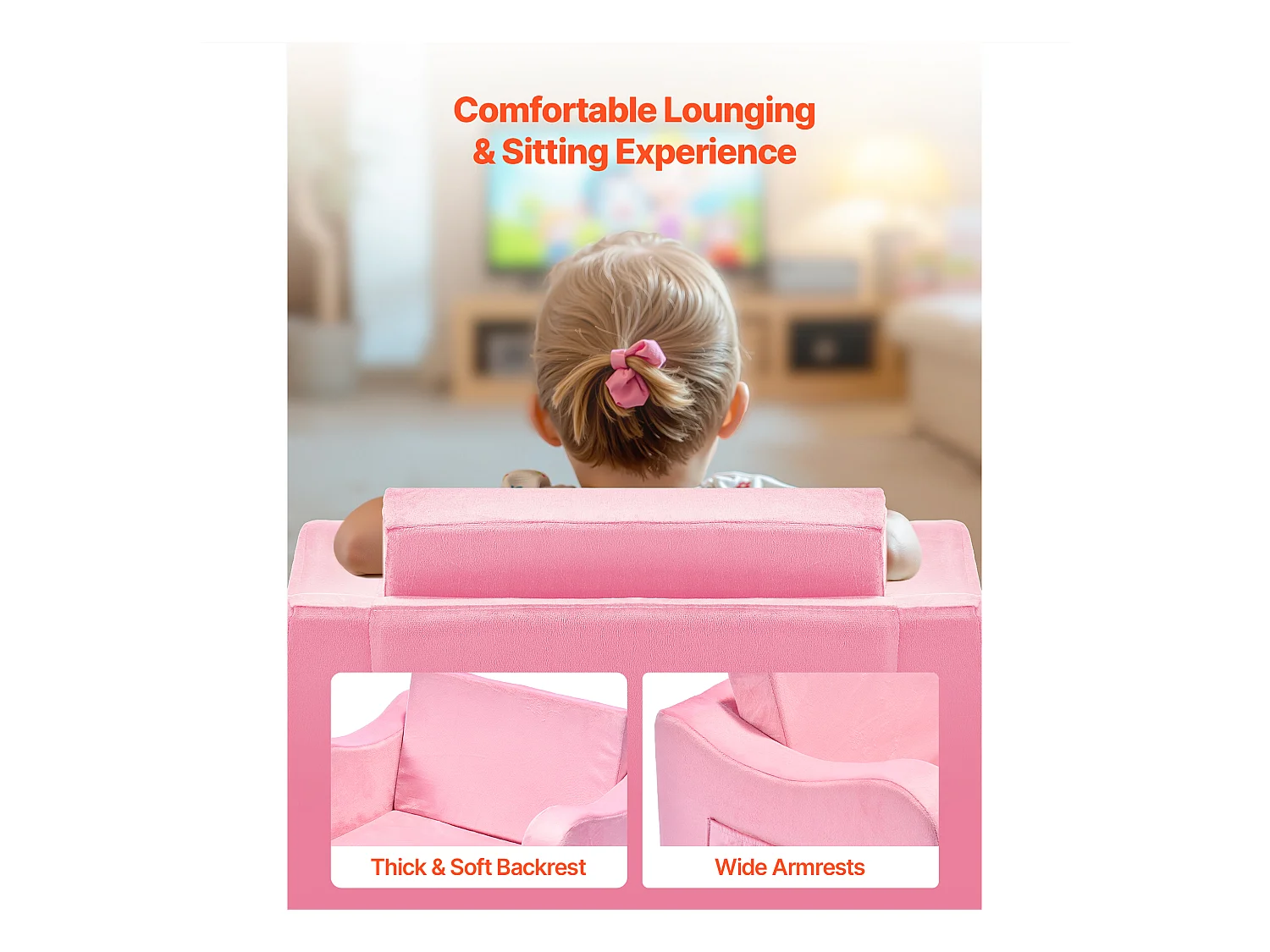 Kinder Sofa SucceBuy 2-in-1 Umbaubar in Liege, Klappbares und Weiches Schlafsofa, mit Armlehnen, aus 28D Schwamm und Kurzem Flor, Rosa, M