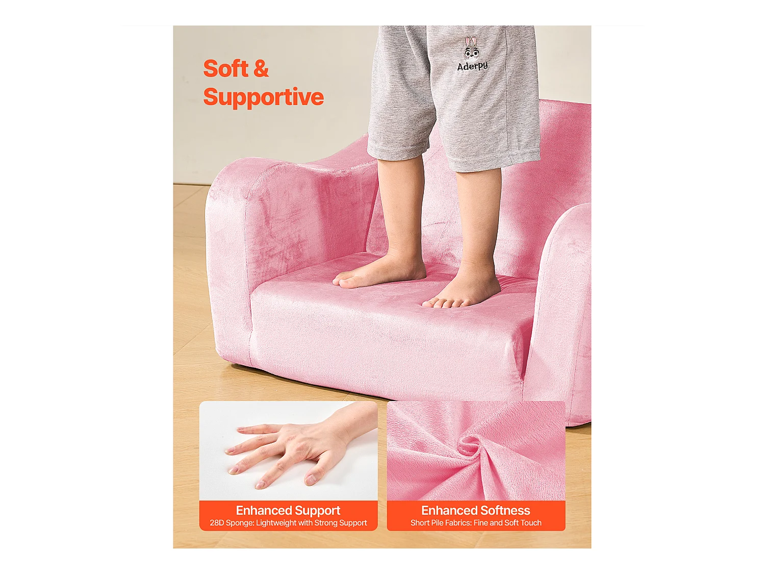 Kinder Sofa SucceBuy 2-in-1 Umbaubar in Liege, Klappbares und Weiches Schlafsofa, mit Armlehnen, aus 28D Schwamm und Kurzem Flor, Rosa, M