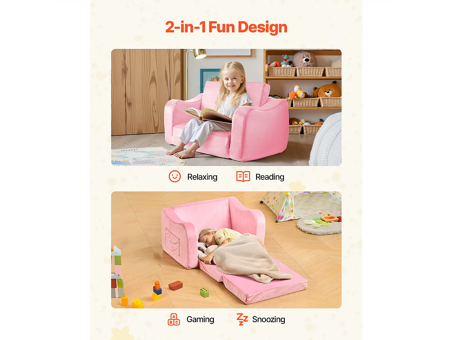 Canapé pour Enfants SucceBuy 2-en-1 Convertible en Chaise Longue, Canapé-lit Pliable et Moelleux, avec Accoudoirs, en Éponge 28D et Poils Courts, Rose, M