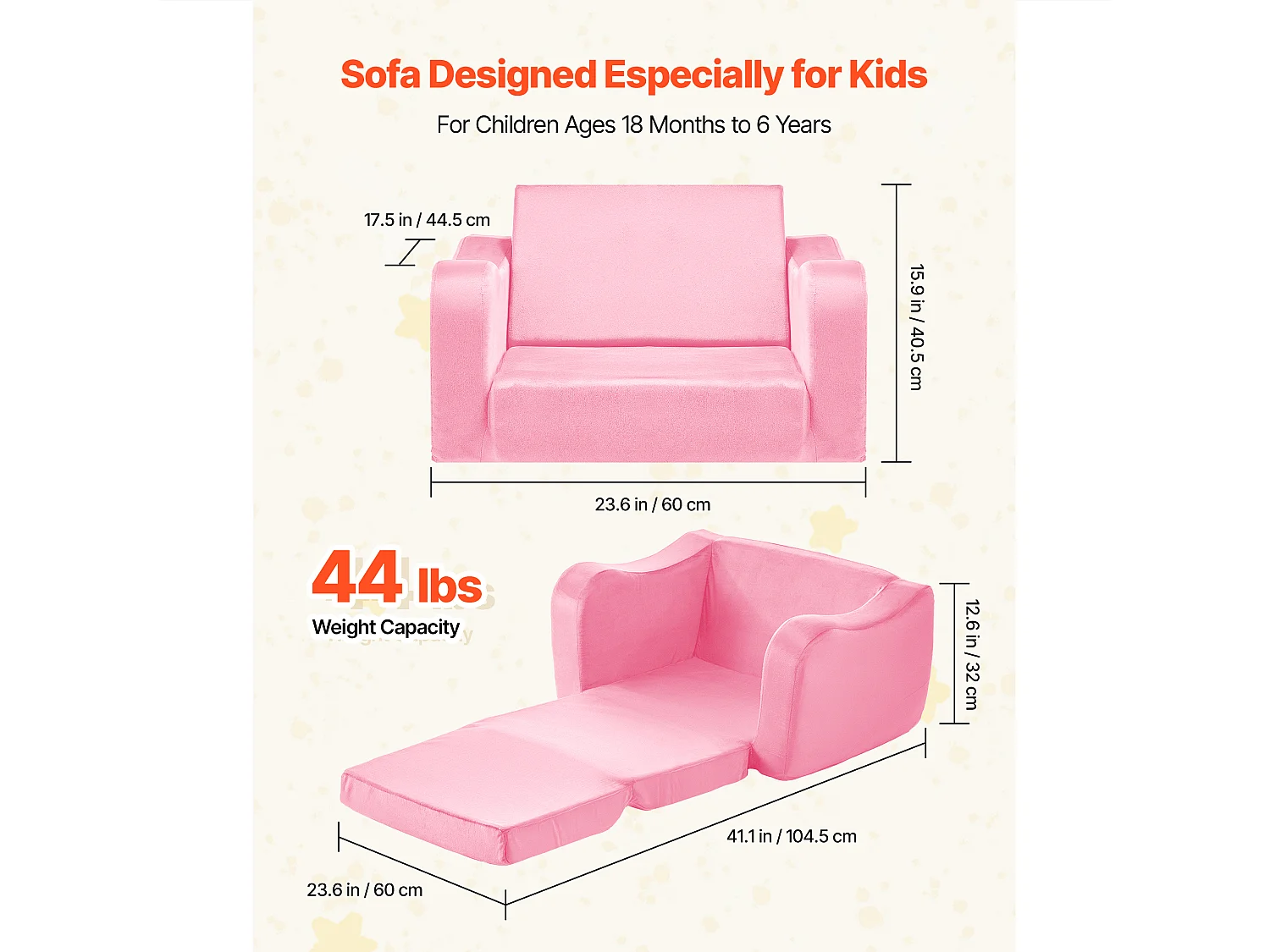 Canapé pour Enfants SucceBuy 2-en-1 Convertible en Chaise Longue, Canapé-lit Pliable et Moelleux, avec Accoudoirs, en Éponge 28D et Poils Courts, Rose, M