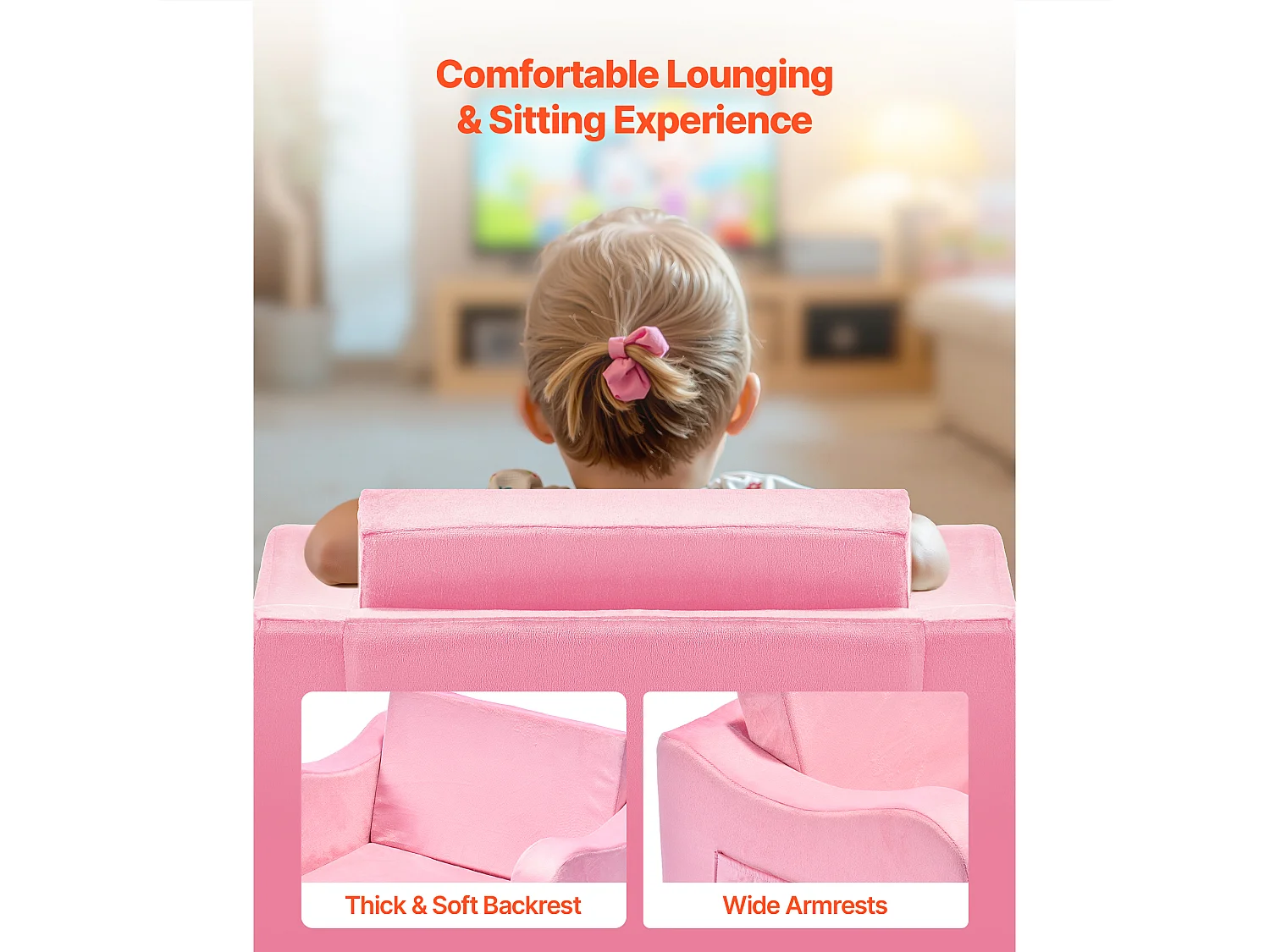 Canapé pour Enfants SucceBuy 2-en-1 Convertible en Chaise Longue, Canapé-lit Pliable et Moelleux, avec Accoudoirs, en Éponge 28D et Poils Courts, Rose, M