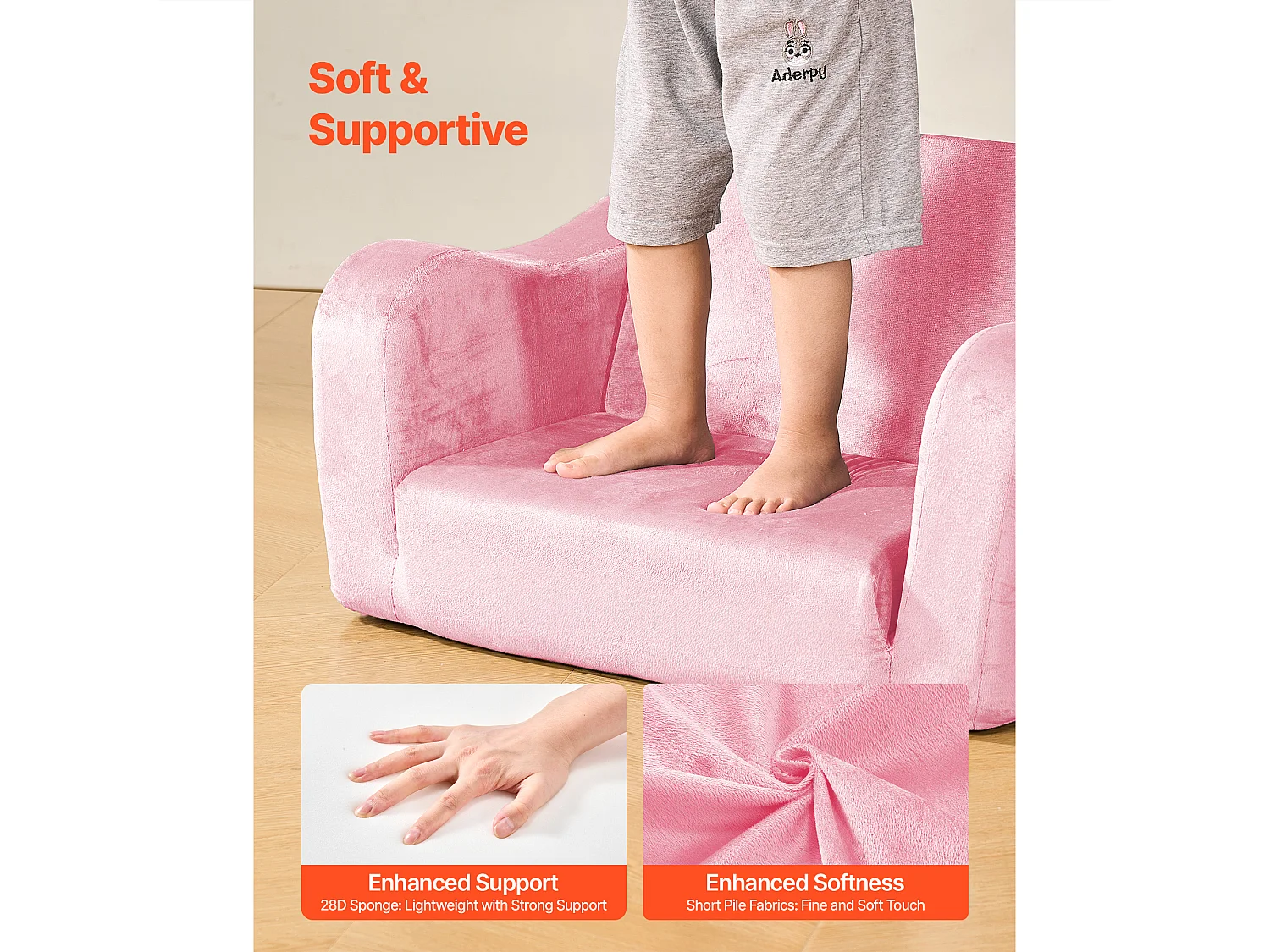 Canapé pour Enfants SucceBuy 2-en-1 Convertible en Chaise Longue, Canapé-lit Pliable et Moelleux, avec Accoudoirs, en Éponge 28D et Poils Courts, Rose, M