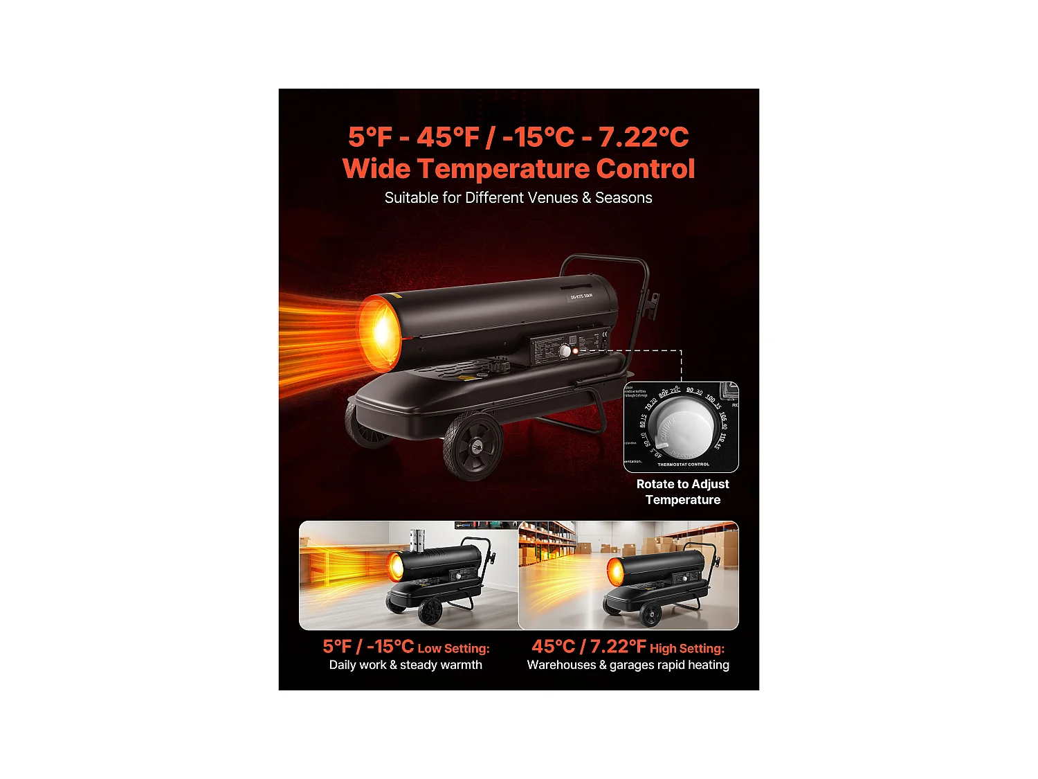 Calentador de Aire Soplado SucceBuy de Queroseno Diésel, 50 kW, Calentador de Apoyo sobre Ruedas, con Temperatura Ajustable, Tipo Soplador, para Obra, Garaje