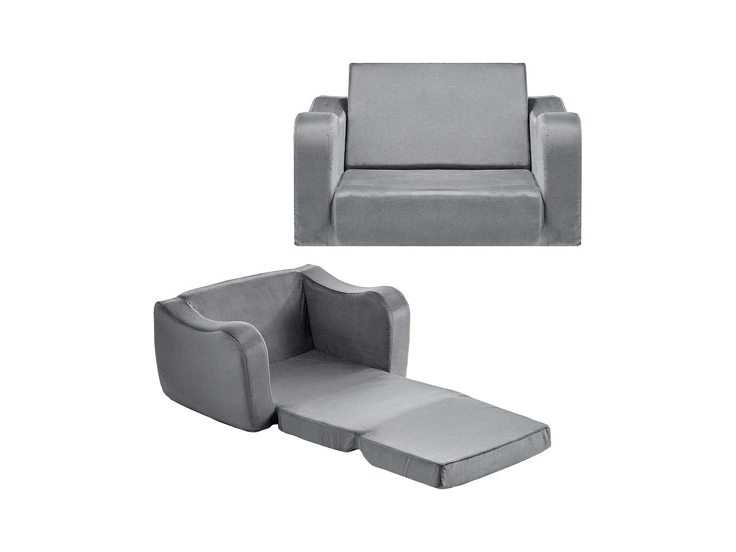 Kanapa dla Dzieci SucceBuy 2-w-1 Przekształcana w Leżankę, Składane i Miękkie Łóżko Kanapowe, z Podłokietnikami, z Gąbki 28D i Krótkim Włosiem, Szary, M