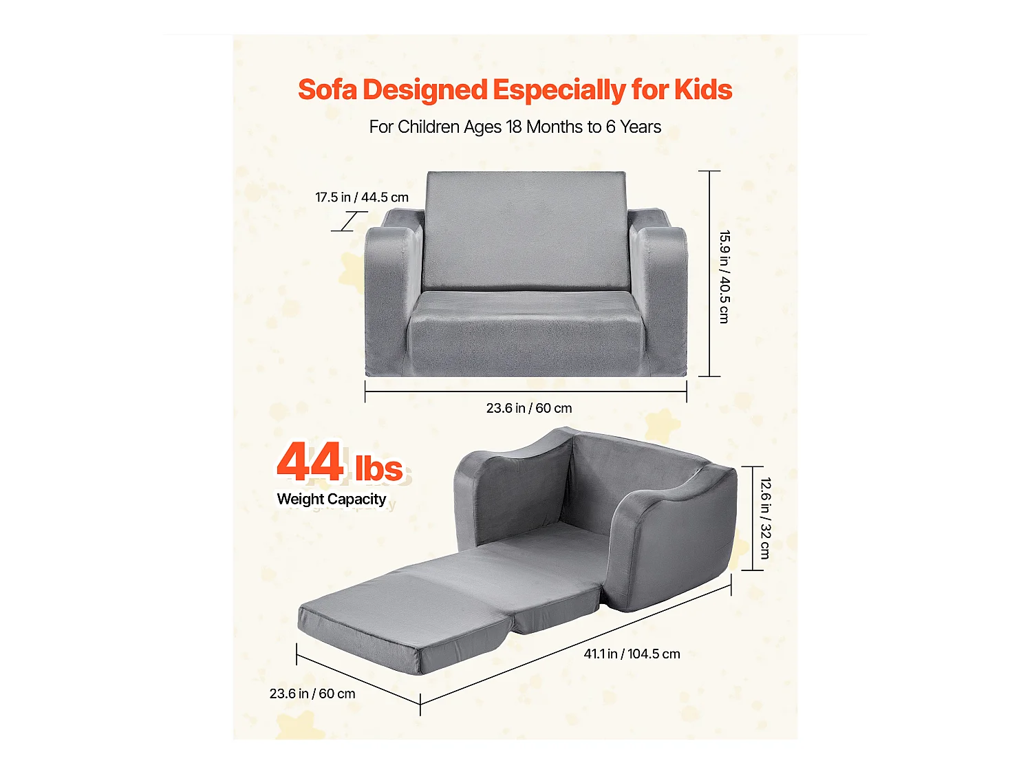 Kanapa dla Dzieci SucceBuy 2-w-1 Przekształcana w Leżankę, Składane i Miękkie Łóżko Kanapowe, z Podłokietnikami, z Gąbki 28D i Krótkim Włosiem, Szary, M