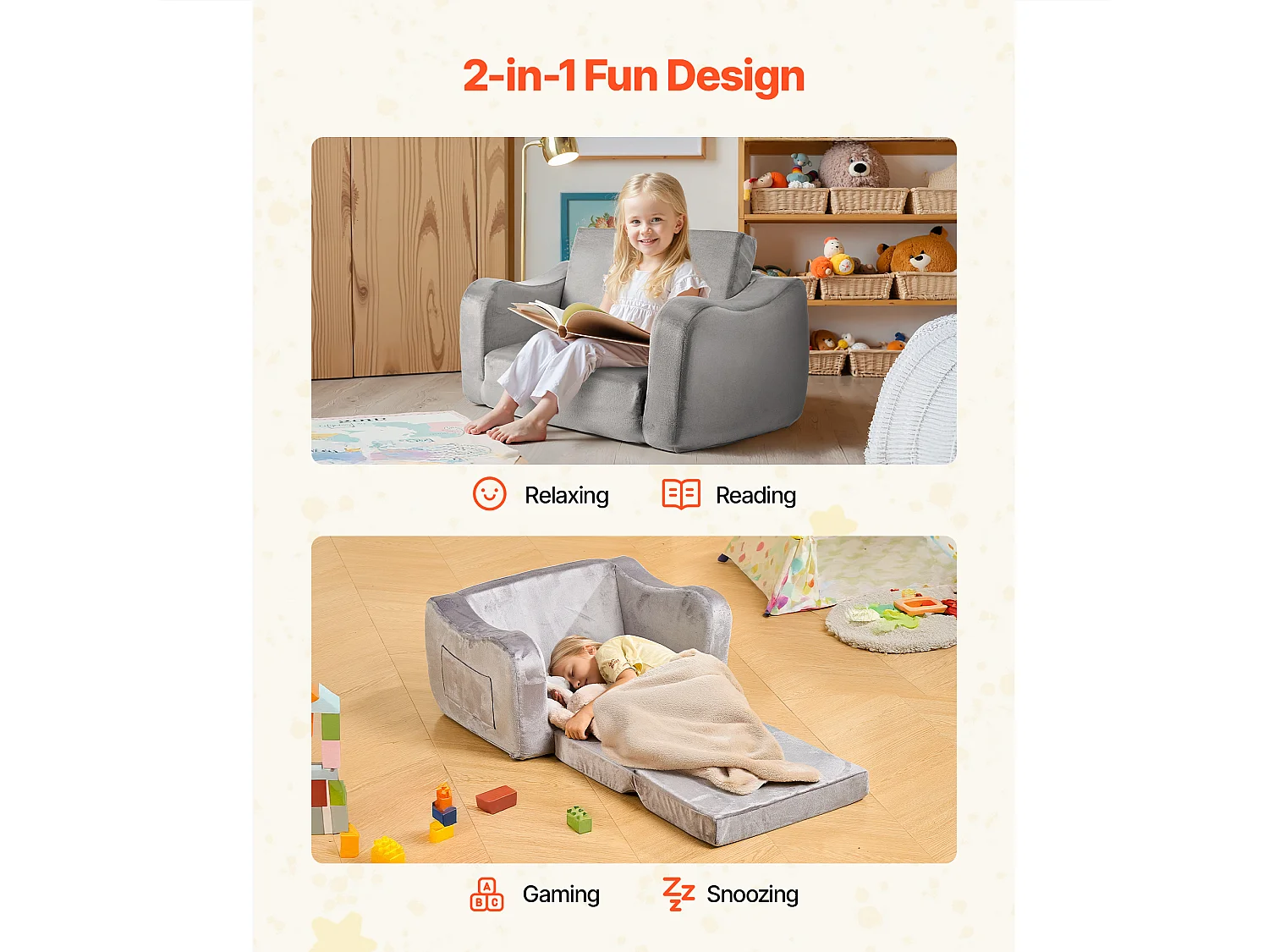 Kanapa dla Dzieci SucceBuy 2-w-1 Przekształcana w Leżankę, Składane i Miękkie Łóżko Kanapowe, z Podłokietnikami, z Gąbki 28D i Krótkim Włosiem, Szary, M