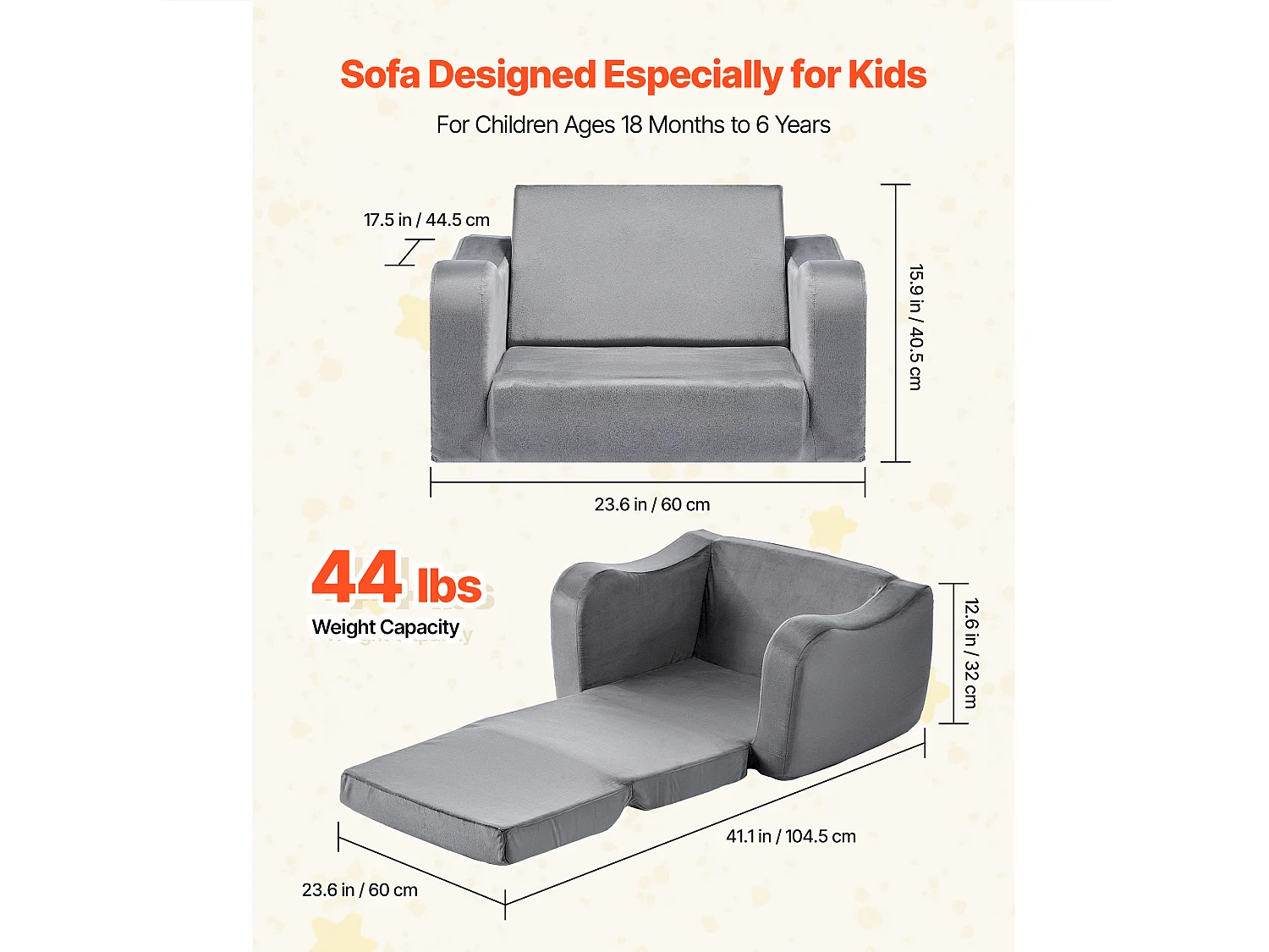 Kanapa dla Dzieci SucceBuy 2-w-1 Przekształcana w Leżankę, Składane i Miękkie Łóżko Kanapowe, z Podłokietnikami, z Gąbki 28D i Krótkim Włosiem, Szary, M