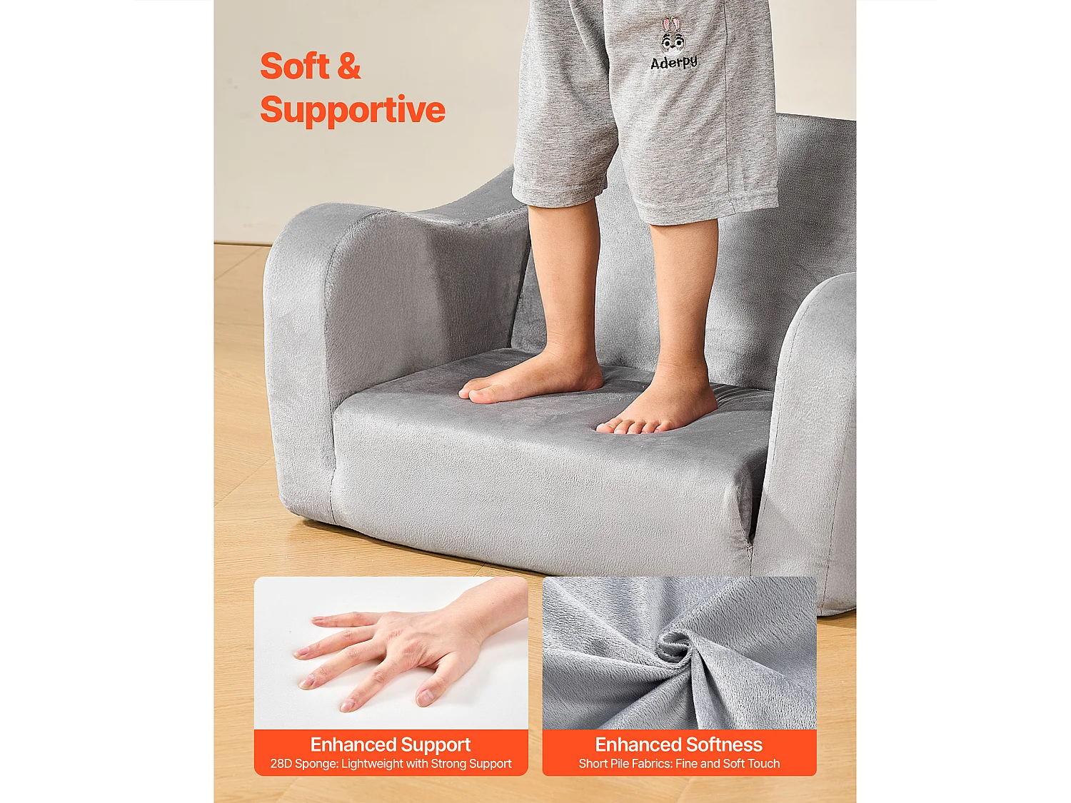 Kanapa dla Dzieci SucceBuy 2-w-1 Przekształcana w Leżankę, Składane i Miękkie Łóżko Kanapowe, z Podłokietnikami, z Gąbki 28D i Krótkim Włosiem, Szary, M