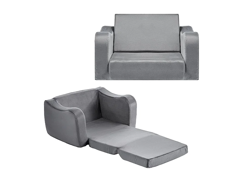 Canapé pour Enfants SucceBuy 2-en-1 Convertible en Chaise Longue, Canapé-lit Pliable et Moelleux, avec Accoudoirs, en Éponge 28D et Poils Courts, Gris, M