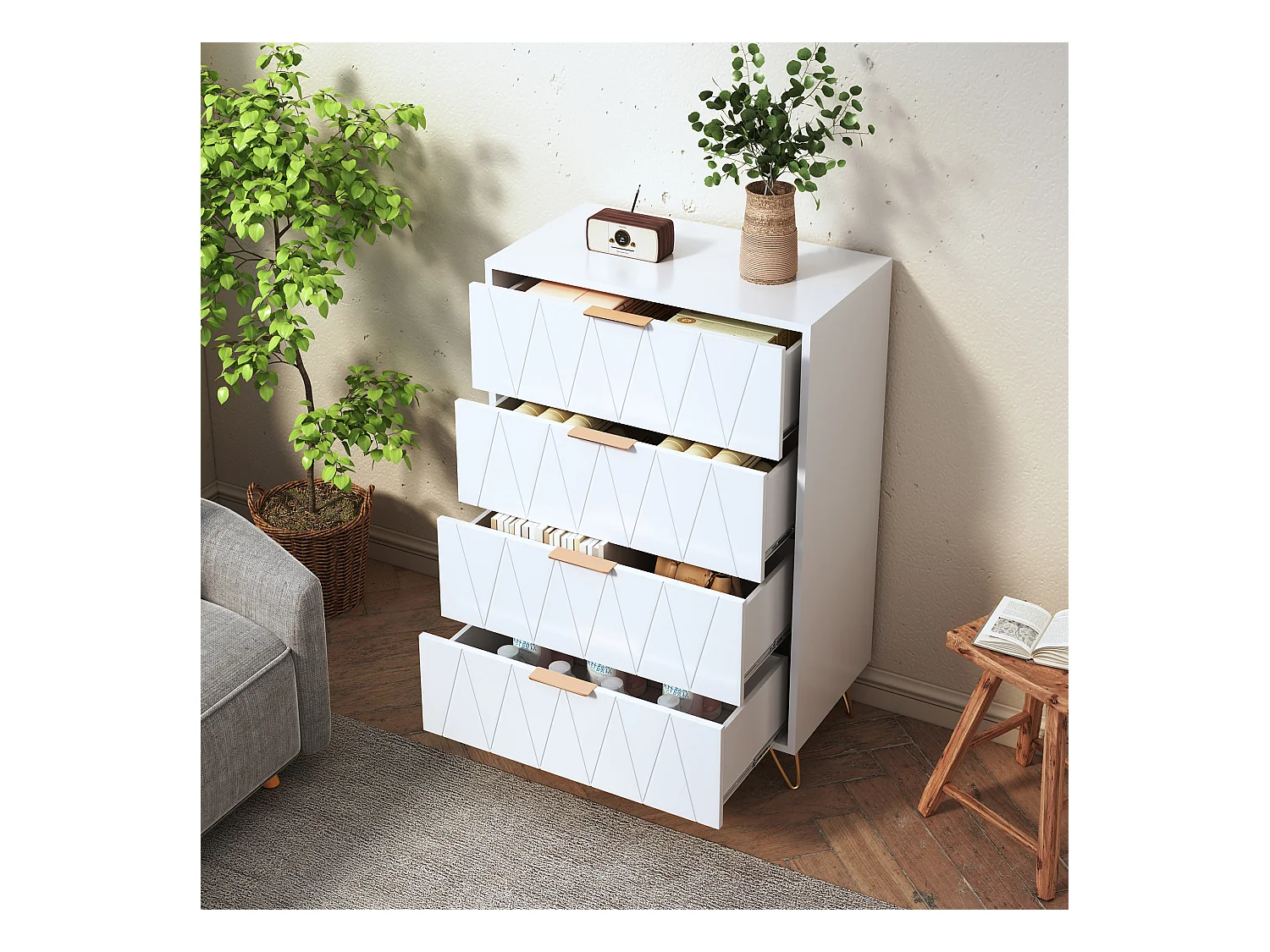 Commode Chambre 4 Tiroirs, Plafond Couleur Marbré, Meuble de Rangement, Chambre/Salon 90 x 34 x 60cm, Meuble Tiroir Rangement, Scandinave, Blanc