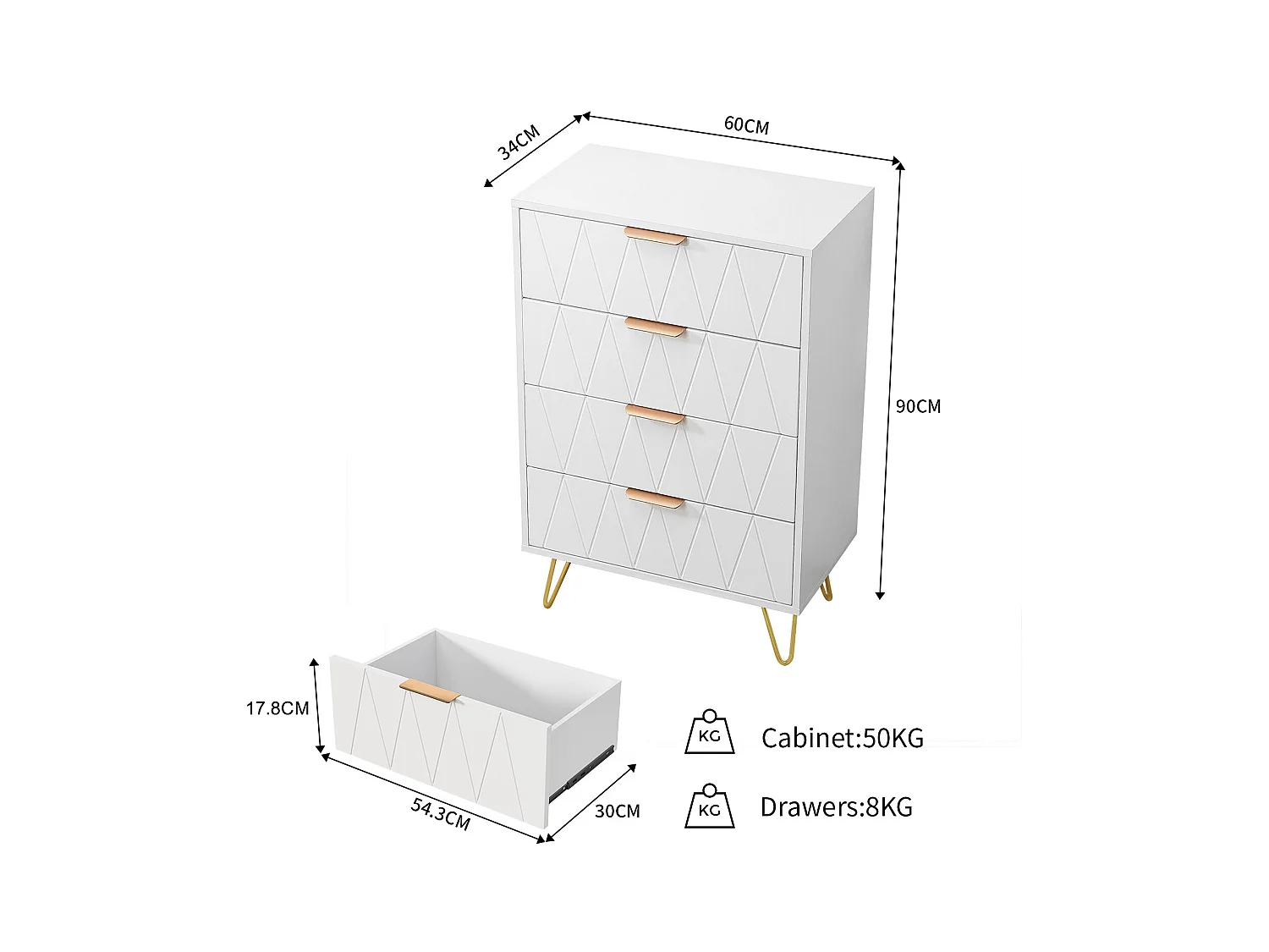 Commode Chambre 4 Tiroirs, Plafond Couleur Marbré, Meuble de Rangement, Chambre/Salon 90 x 34 x 60cm, Meuble Tiroir Rangement, Scandinave, Blanc