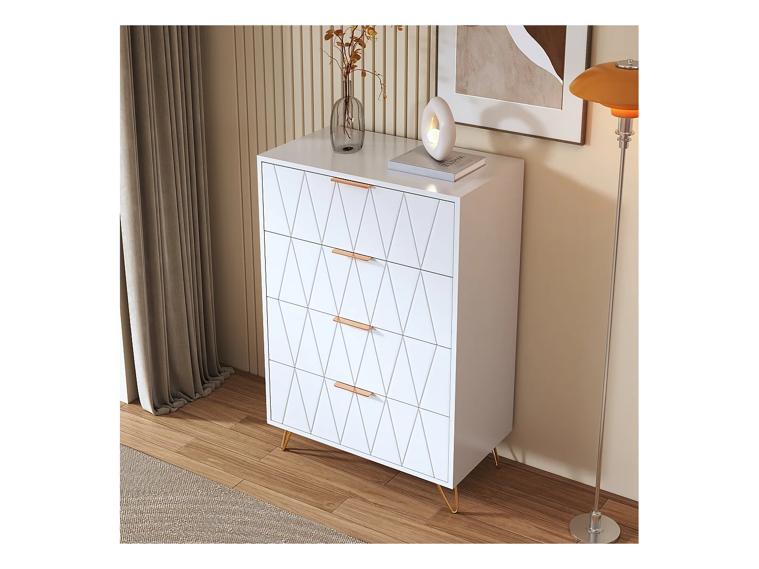 Commode Chambre 4 Tiroirs, Plafond Couleur Marbré, Meuble de Rangement, Chambre/Salon 90 x 34 x 60cm, Meuble Tiroir Rangement, Scandinave, Blanc