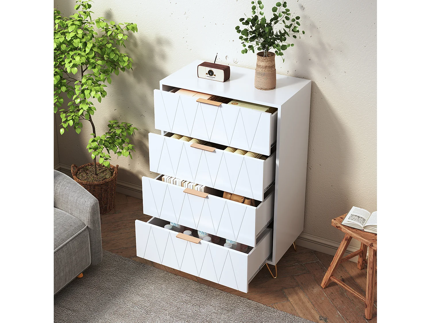 Commode Chambre 4 Tiroirs - Plafond Couleur Marbré - Meuble de Rangement - Chambre/Salon - 90 x 34 x 60cm - Meuble Tiroir Rangement - Scandinave - Blanc