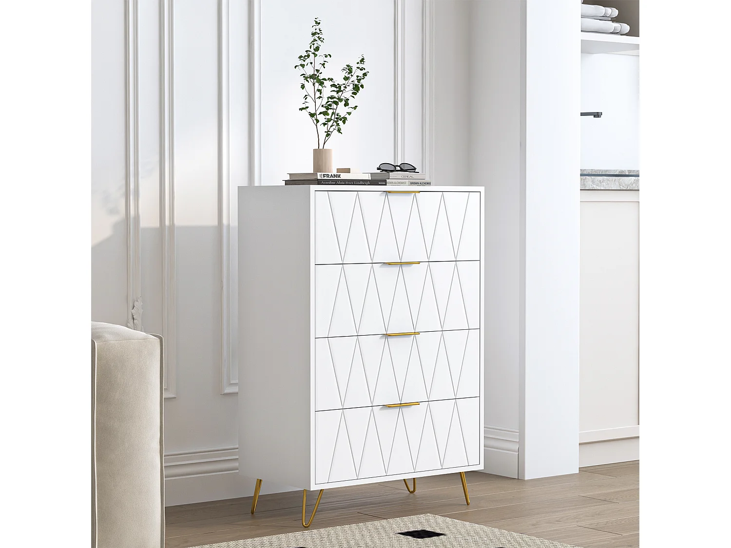 Commode Chambre 4 Tiroirs - Plafond Couleur Marbré - Meuble de Rangement - Chambre/Salon - 90 x 34 x 60cm - Meuble Tiroir Rangement - Scandinave - Blanc