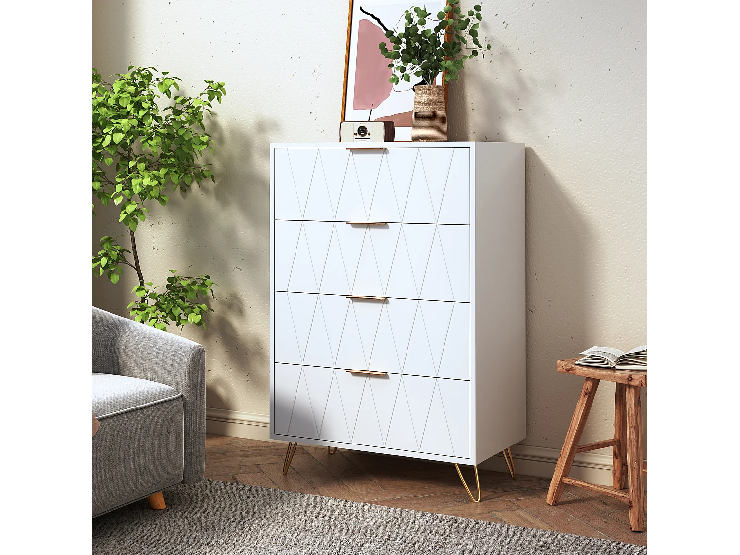 Commode Chambre 4 Tiroirs - Plafond Couleur Marbré - Meuble de Rangement - Chambre/Salon - 90 x 34 x 60cm - Meuble Tiroir Rangement - Scandinave - Blanc