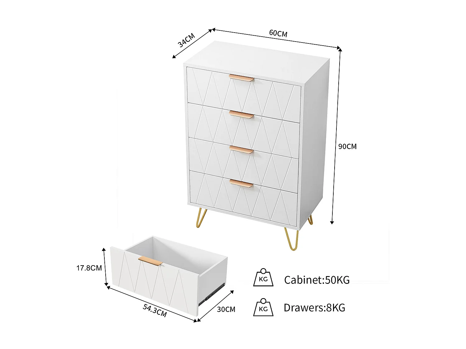 Cómoda de 4 cajones - Mueble de almacenaje - Dormitorio/Salón - 90 x 34 x 60 cm - Estilo escandinavo - Blanco