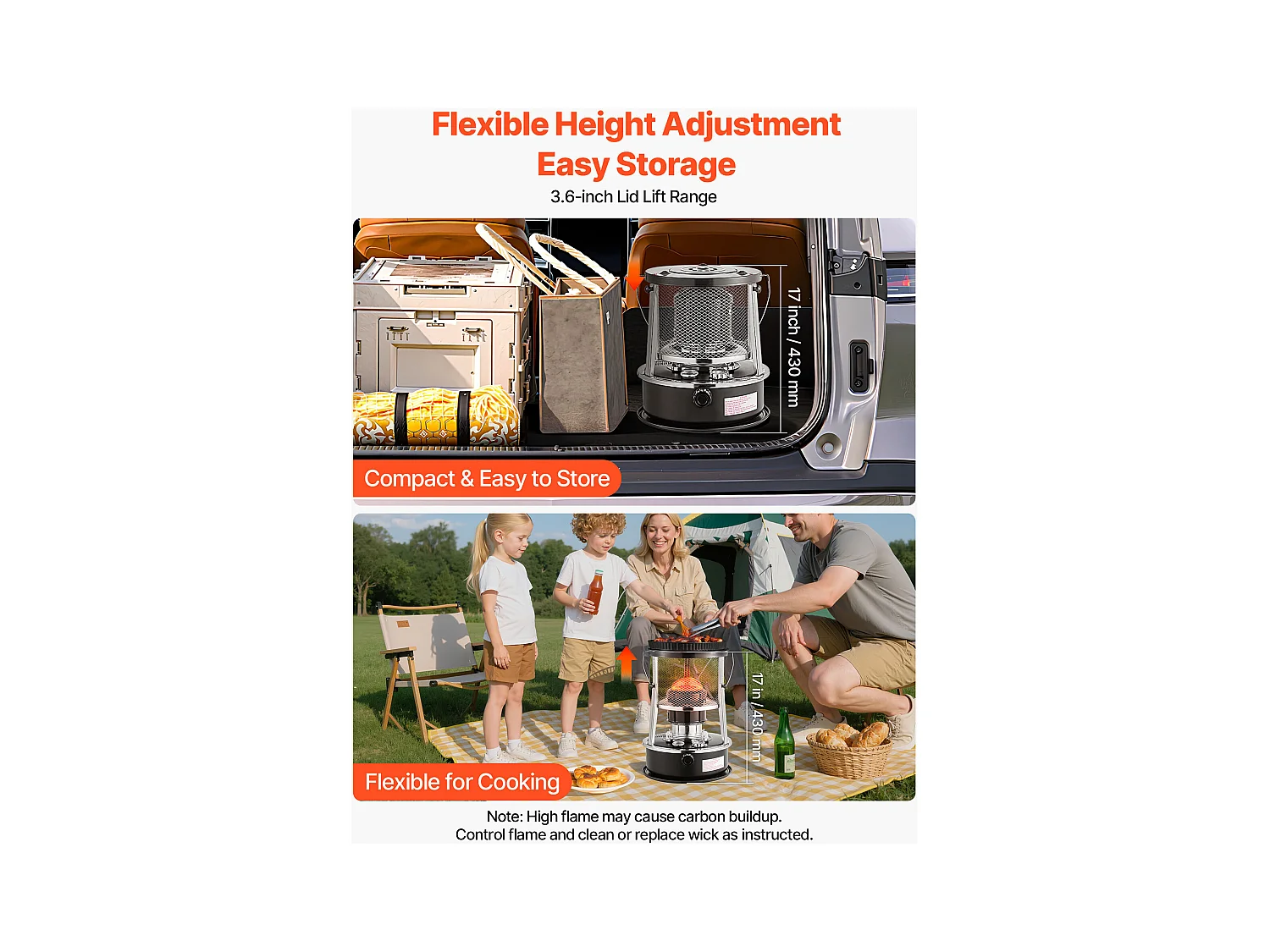 Calentador de Queroseno SucceBuy 9000 BTU Estufa de Petróleo Portátil No Eléctrica 2 en 1 con Altura, Llama Ajustables, para Interior