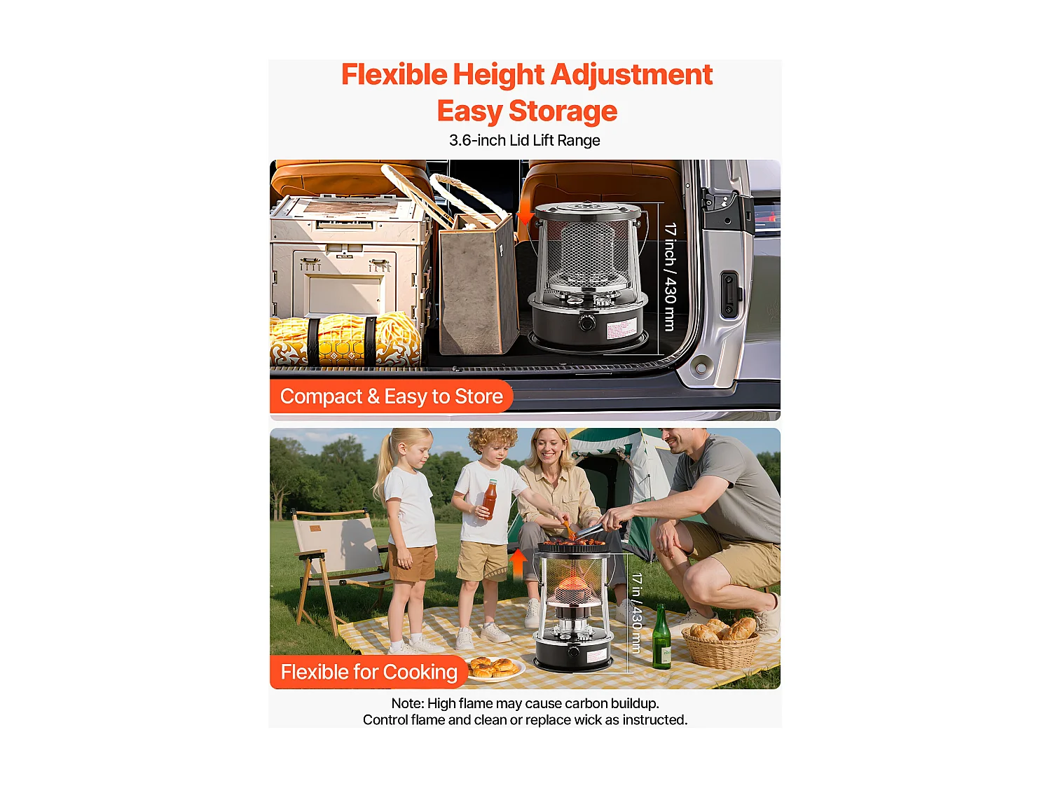 Heizgerät mit Kerosin SucceBuy 9000 BTU Tragbarer Nicht-Elektrischer Ölofen 2 in 1 mit Höhe, Einstellbare Flamme, für Innenräume