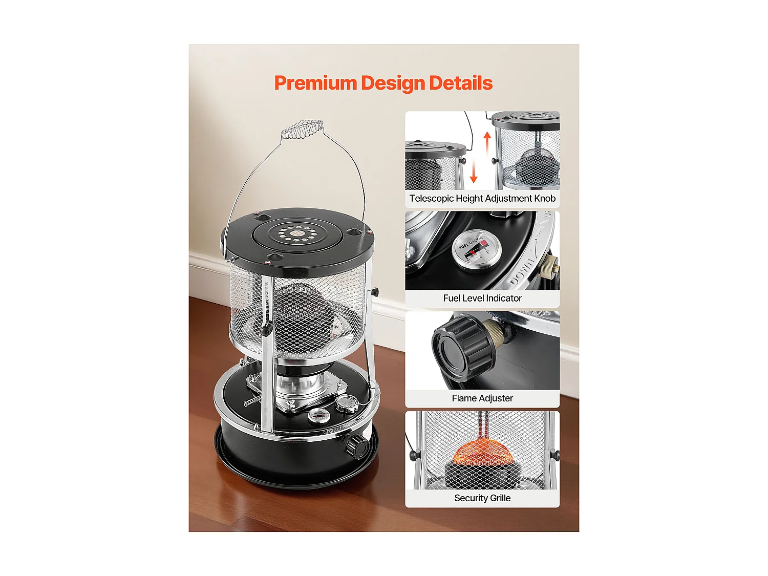 Heizgerät mit Kerosin SucceBuy 9000 BTU Tragbarer Nicht-Elektrischer Ölofen 2 in 1 mit Höhe, Einstellbare Flamme, für Innenräume