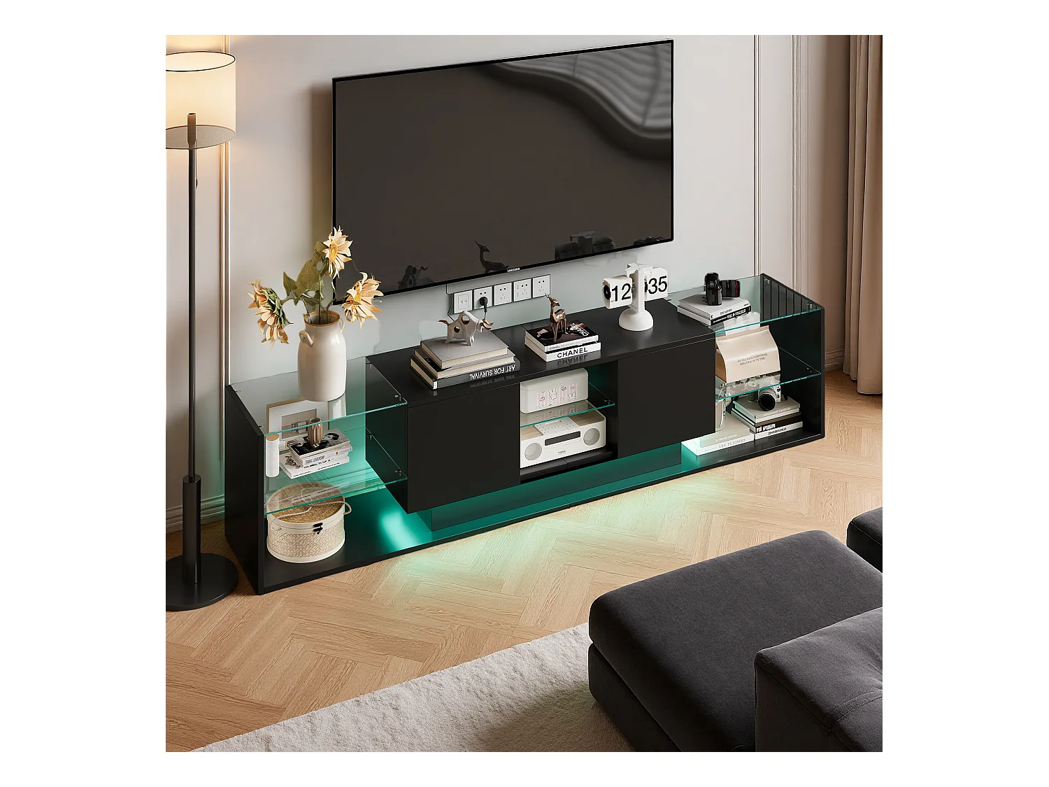 Meuble TV Moderne, Meuble TV Noir, Meuble TV Éclairage 24 LED RGB, Meuble Banc Télé avec 2 Tiroirs, Moderne, 200x35x45cm, Noir