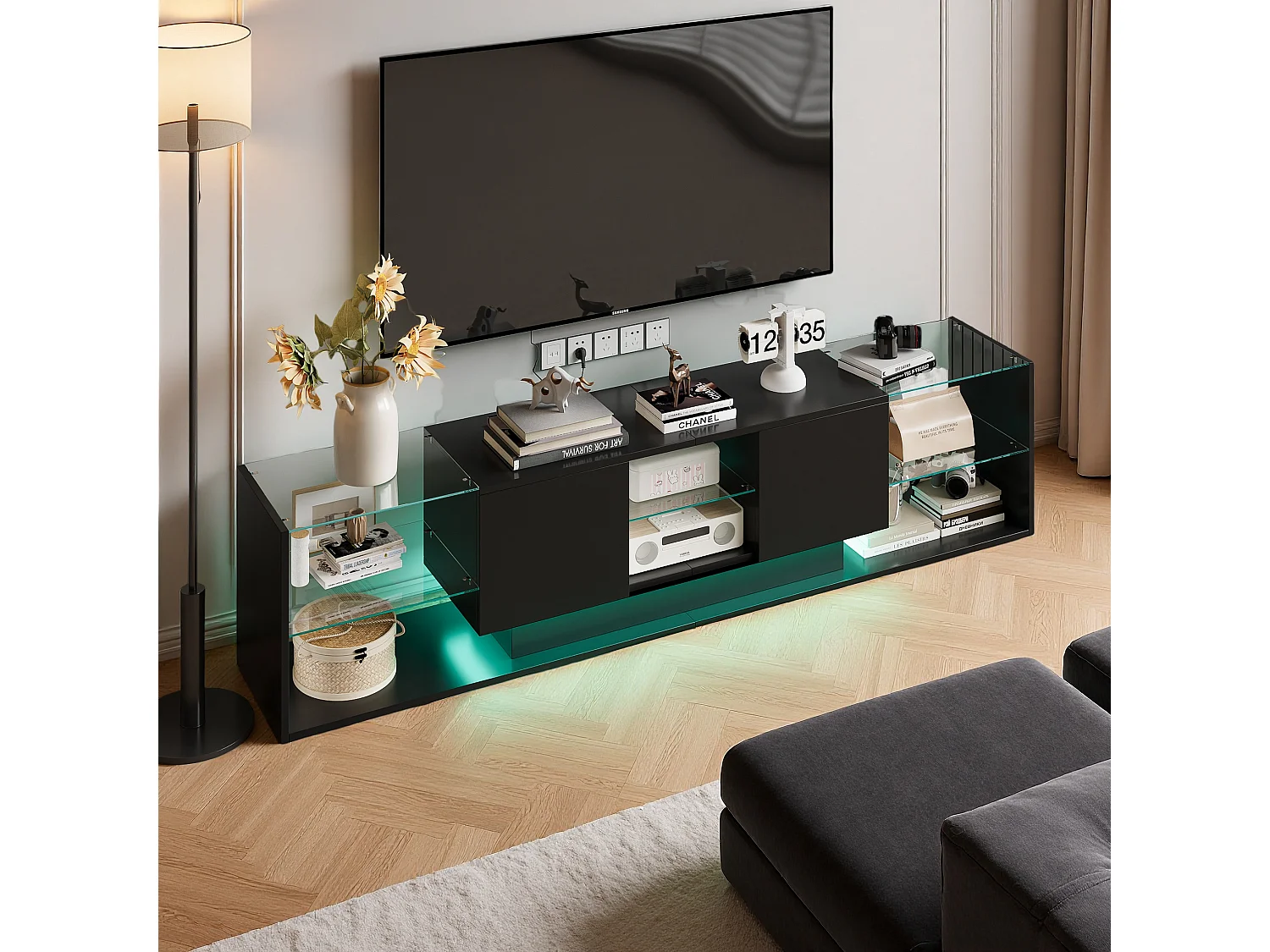 Meuble TV Moderne - Noir - Éclairage 24 LED RGB - Meuble Banc Télé avec 2 Tiroirs - Moderne - 200x35x45cm - Noir
