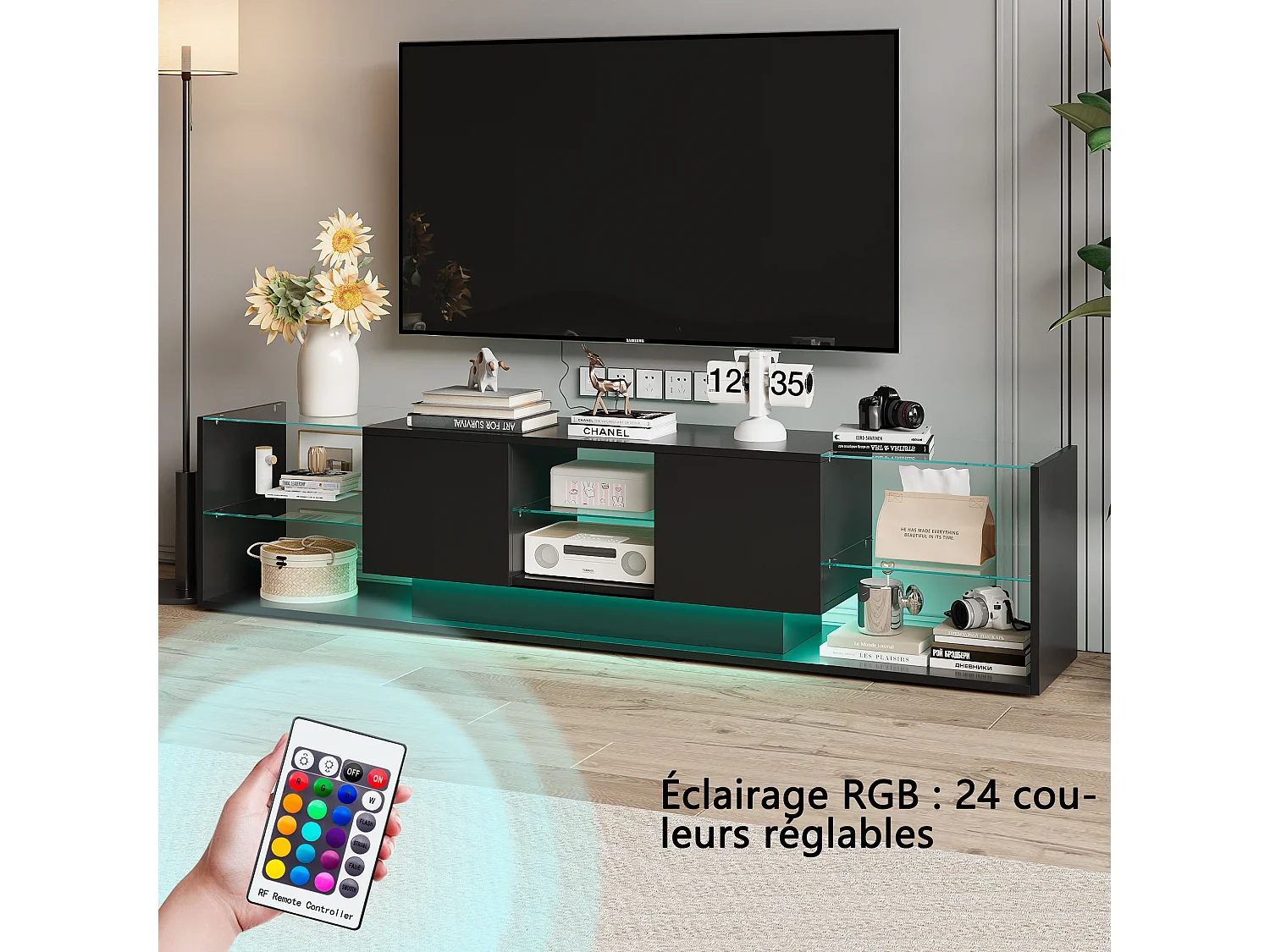 Meuble TV Moderne - Noir - Éclairage 24 LED RGB - Meuble Banc Télé avec 2 Tiroirs - Moderne - 200x35x45cm - Noir
